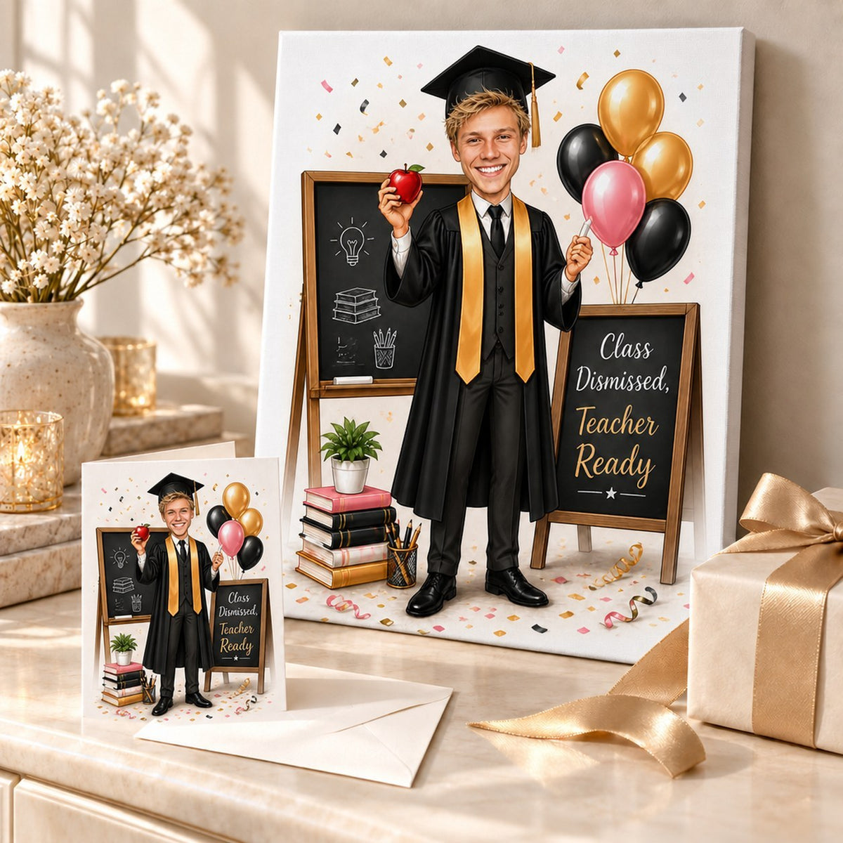 Canvas and greeting card of teacher graduation caricature styled as a celebration gift scene