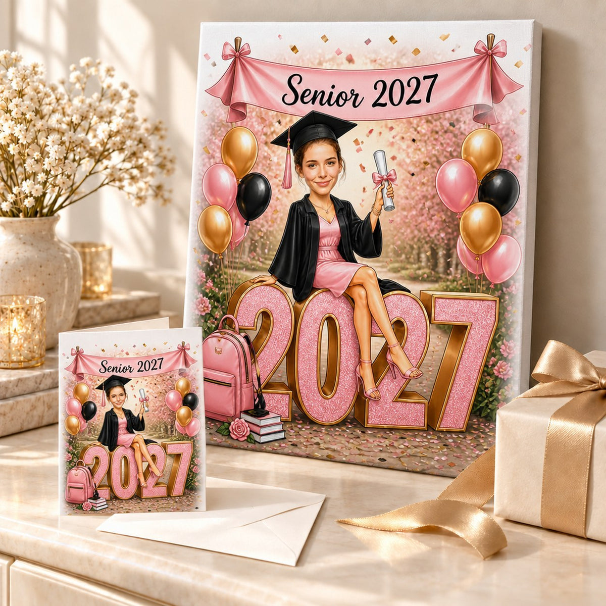 Graduation caricature shown on canvas and greeting card beside balloons and a wrapped gift.