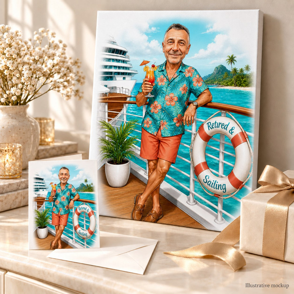 Canvas and greeting card of cruise retirement caricature displayed with ribbon and tropical decor.