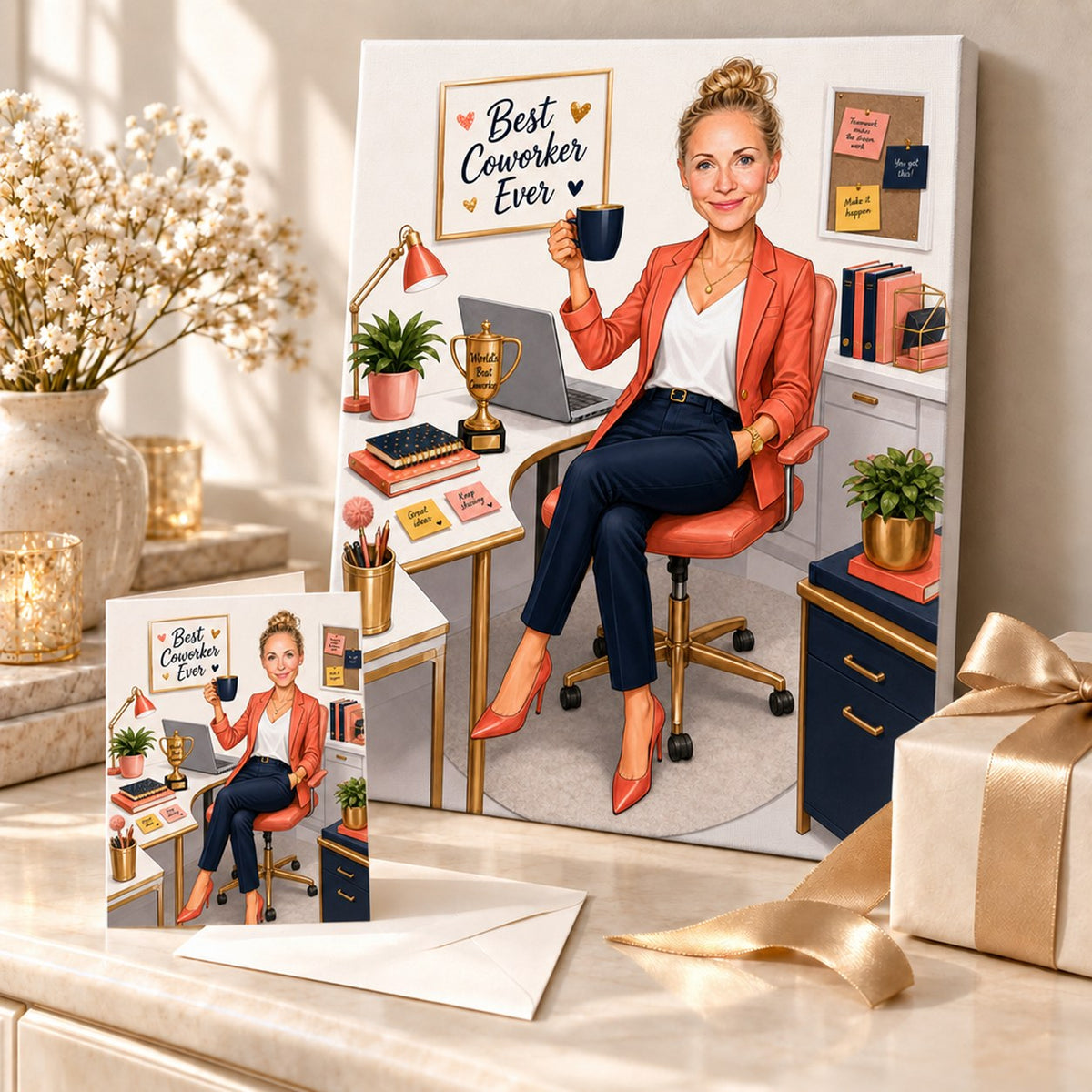 Stretched canvas and 5x7 card with coworker office caricature shown in a gift scene.
