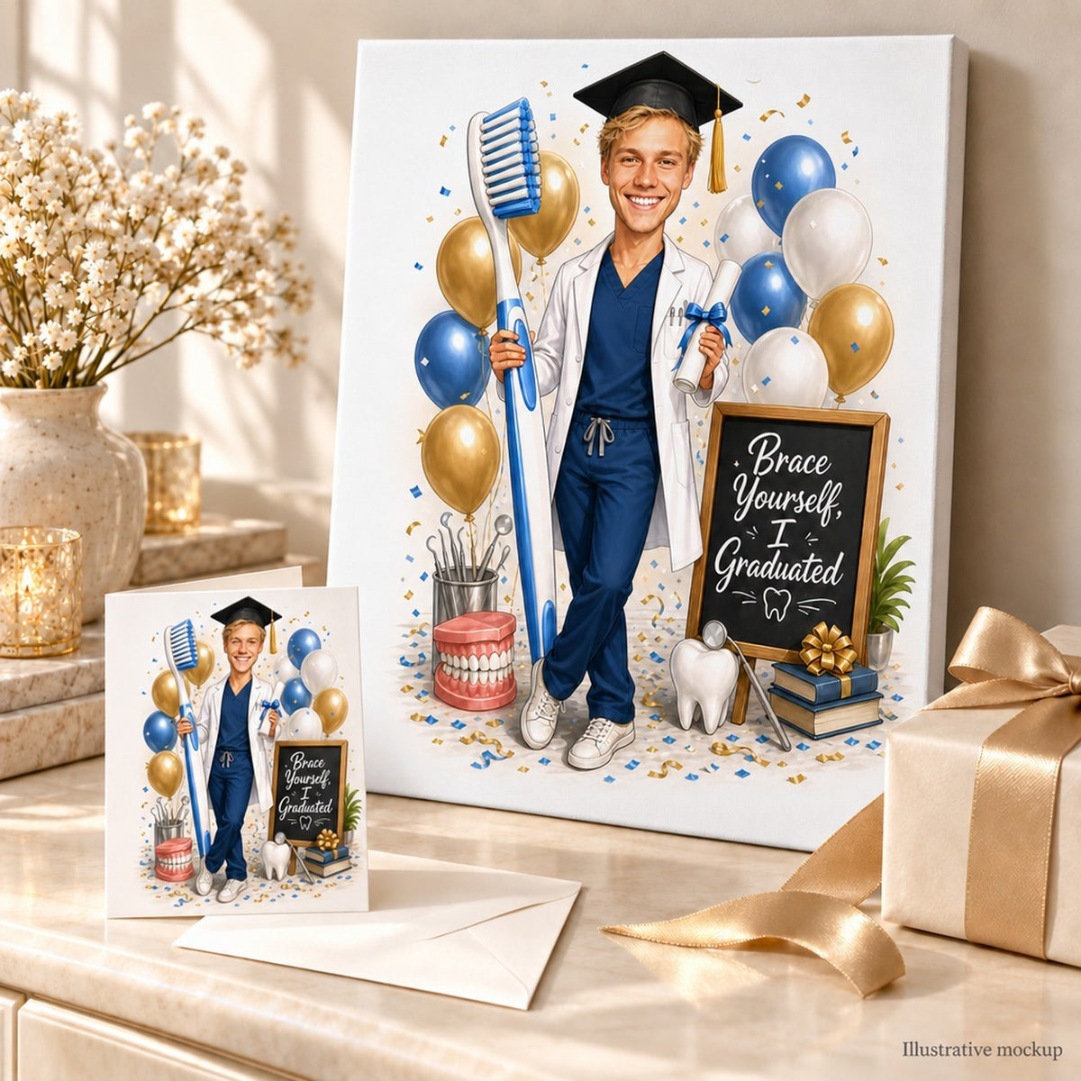 Canvas and greeting card showing personalized dental graduation caricature with books and gift ribbon.