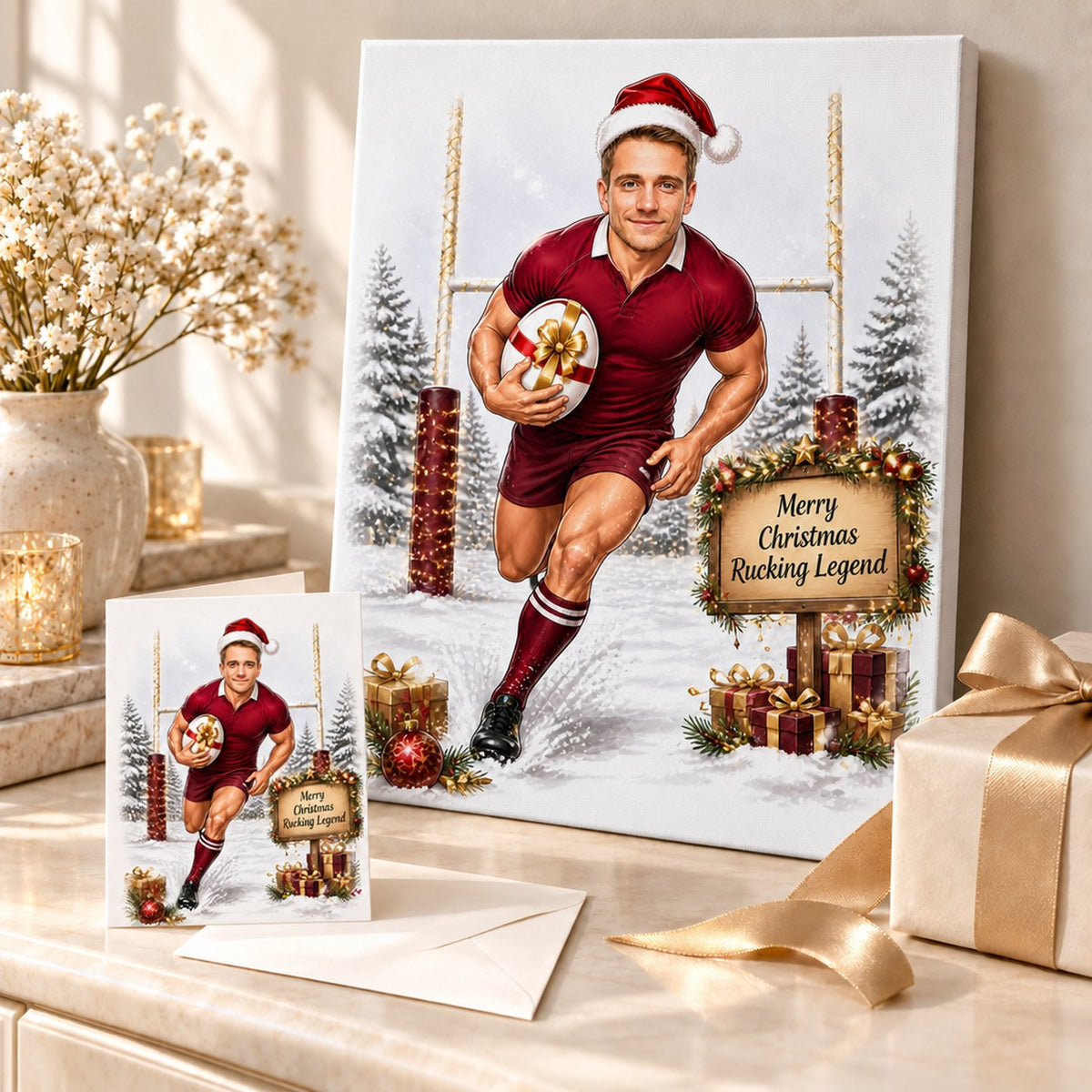 Canvas and greeting card of custom rugby Christmas caricature arranged with holiday gifts