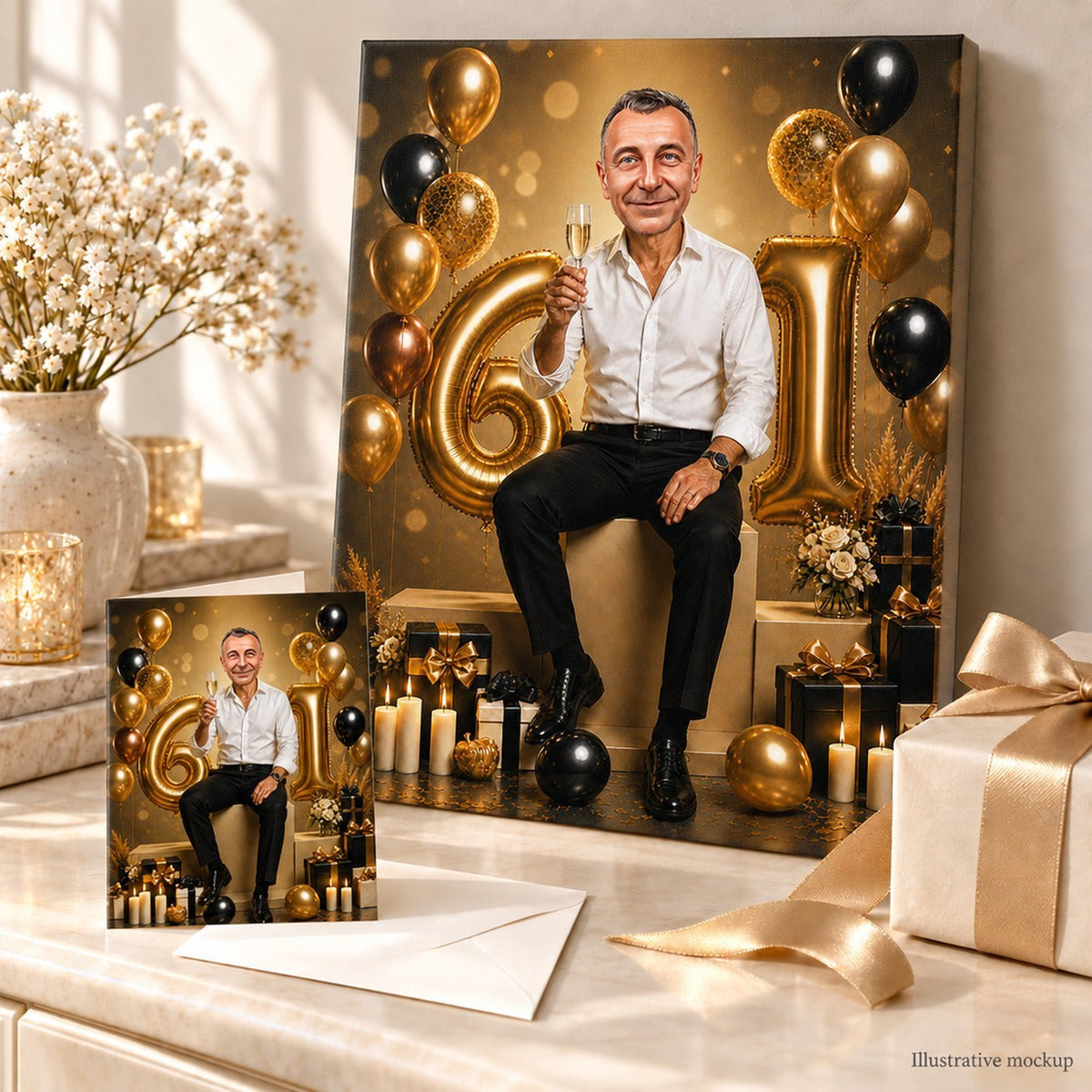 Canvas and greeting card of elegant gold birthday caricature styled for gifting.