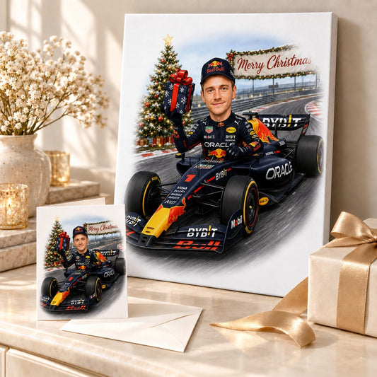 Stretched canvas and folded card of F1 Christmas caricature displayed in festive gift scene.