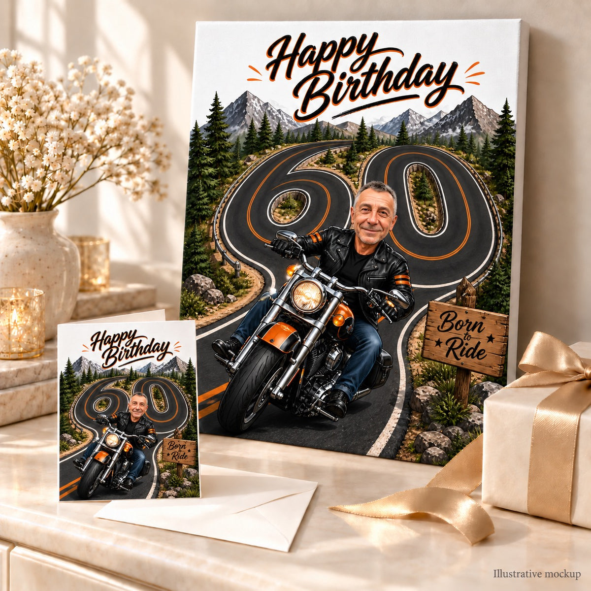 Motorcycle caricature printed on canvas and 5x7 card, displayed in gift scene.