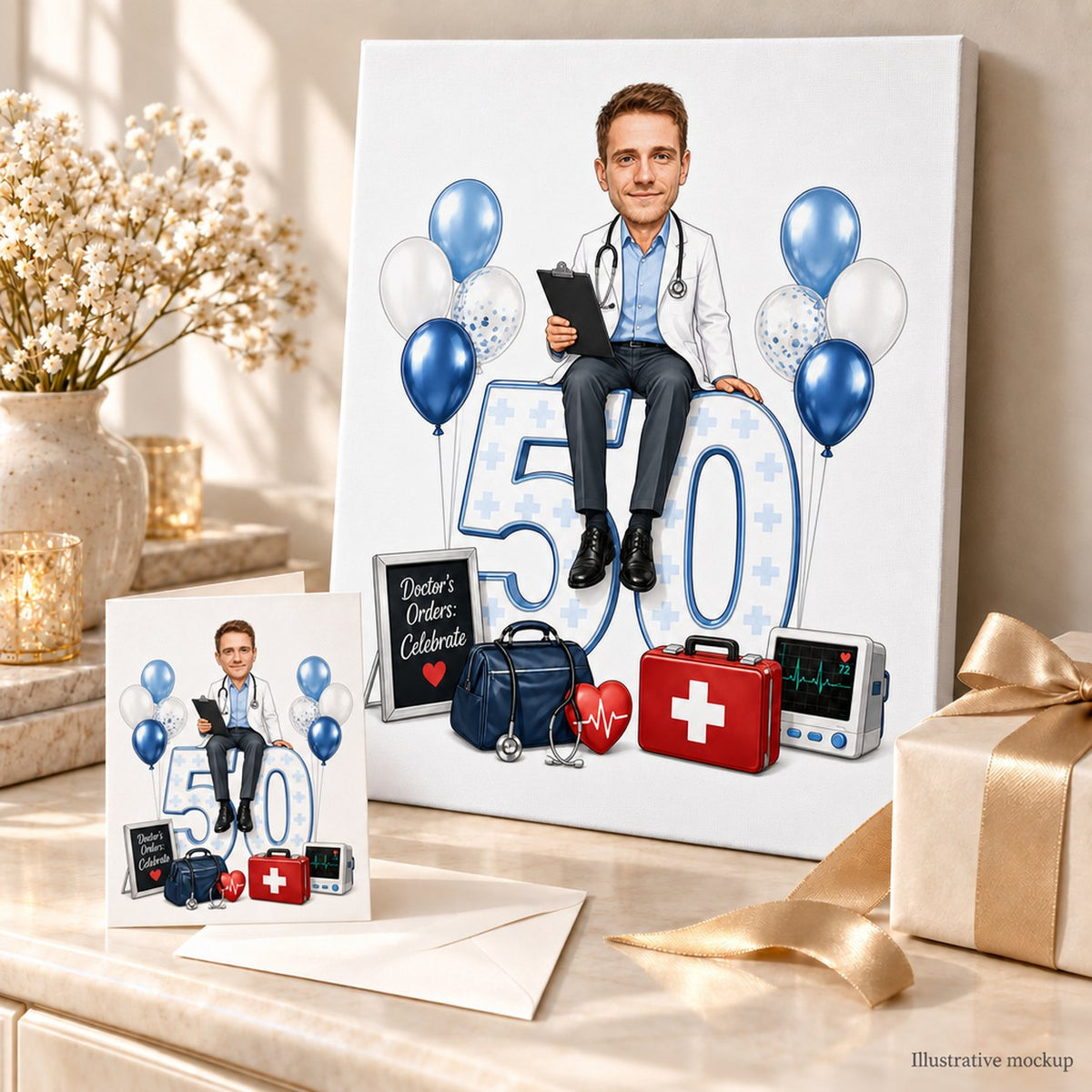 Doctor birthday caricature printed on canvas and 5x7 card, ready to gift.