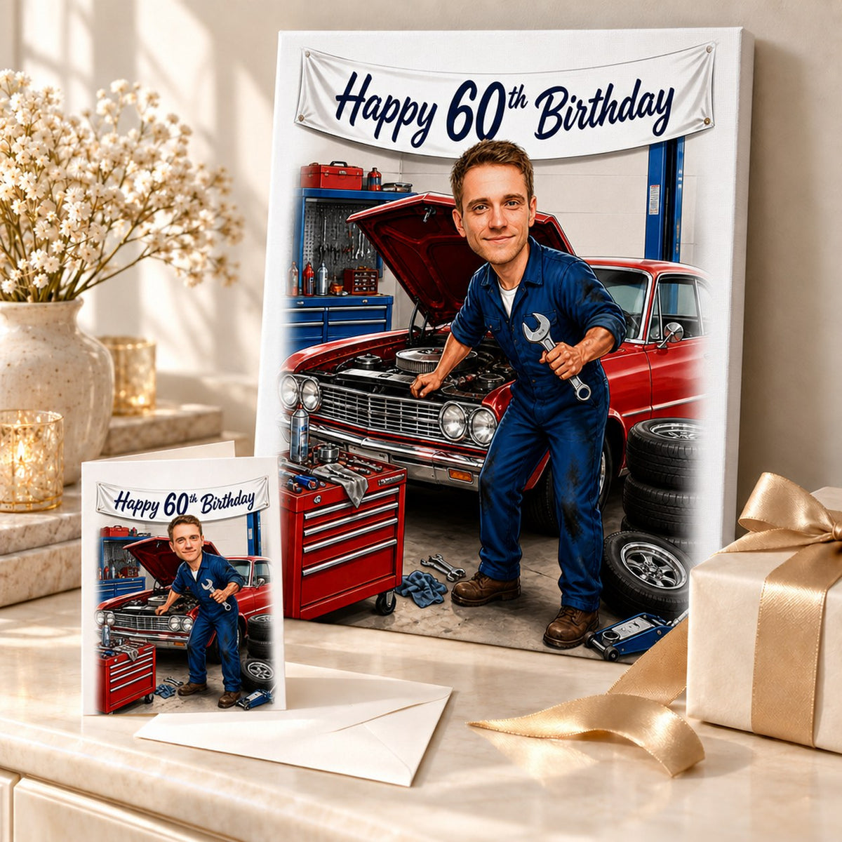 Canvas and 5x7 card of mechanic caricature gift arranged with tools and ribbon.
