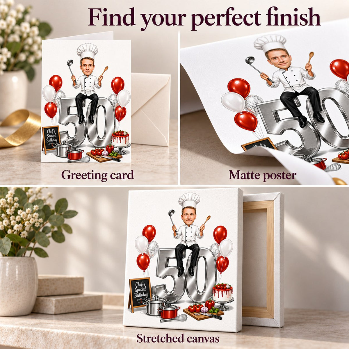 Matte poster, stretched canvas, and 5x7 greeting card with envelope, vibrant print.