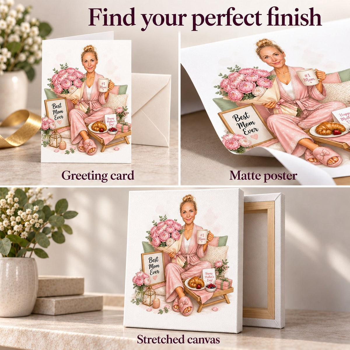 Closeup of greeting card, matte poster print, and stretched canvas finishes.
