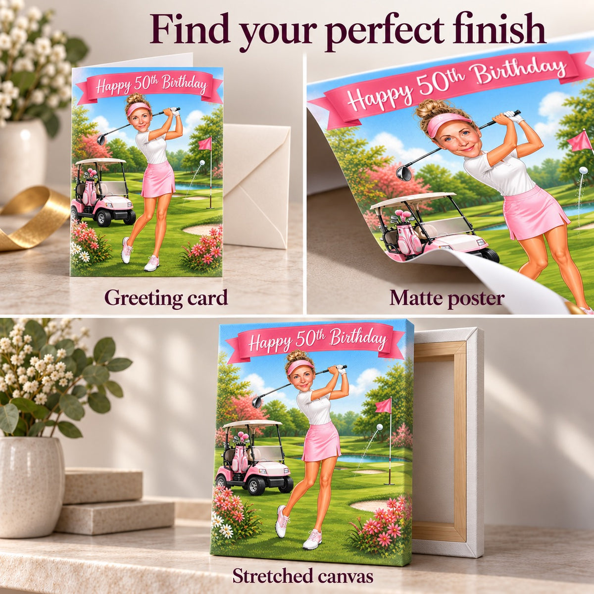 Greeting card, matte poster, and stretched canvas finishes shown side by side.