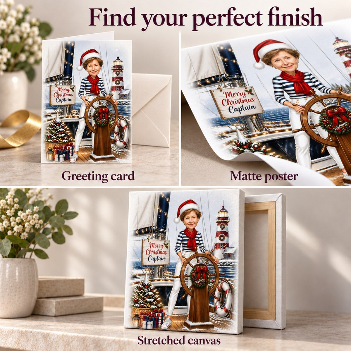 Greeting card, matte poster, and stretched canvas finish details and edges closeup