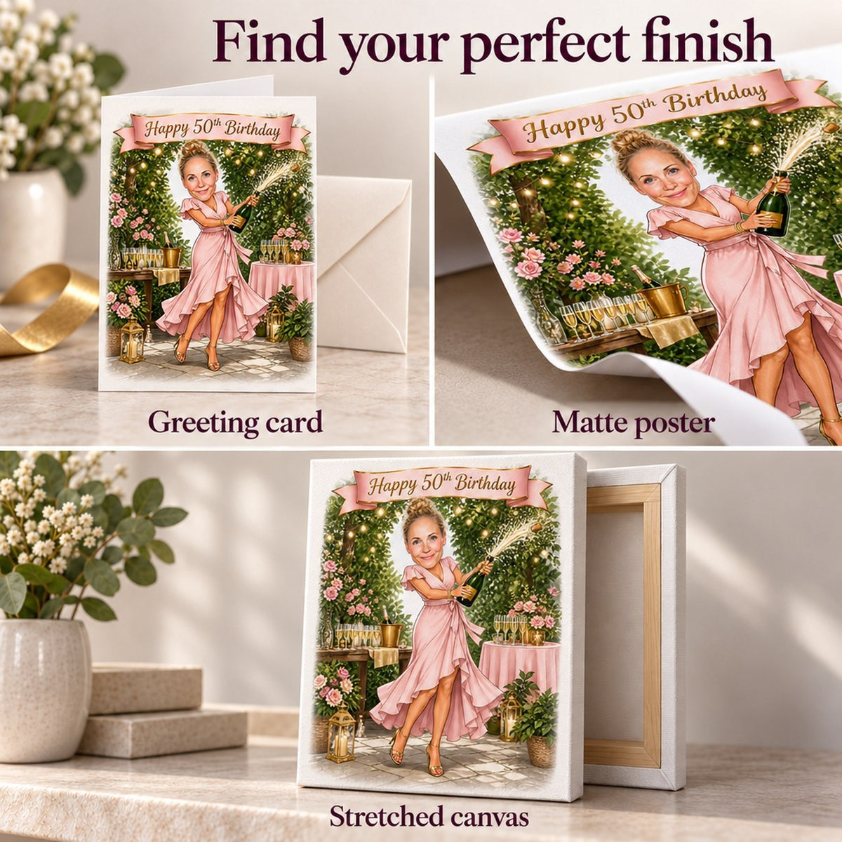 Greeting card, matte poster unframed, and ready-to-hang stretched canvas printing options displayed.