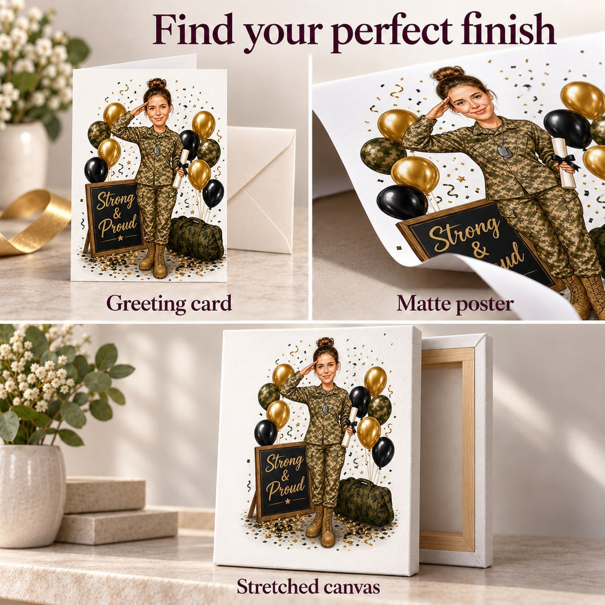 Greeting card, matte poster, and stretched canvas finishes for military caricature.