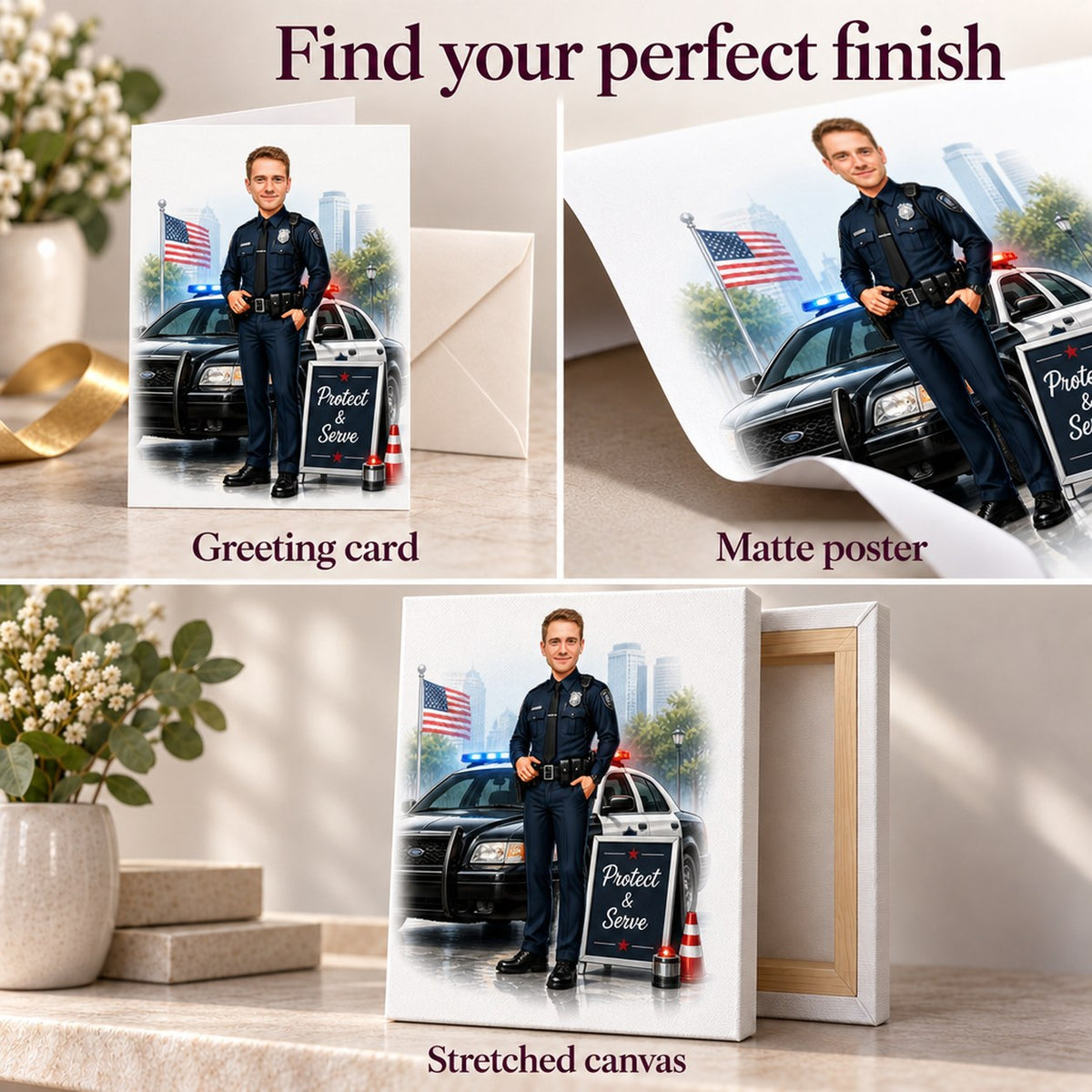 Card, matte poster, and stretched canvas finishes with crisp detail and color.