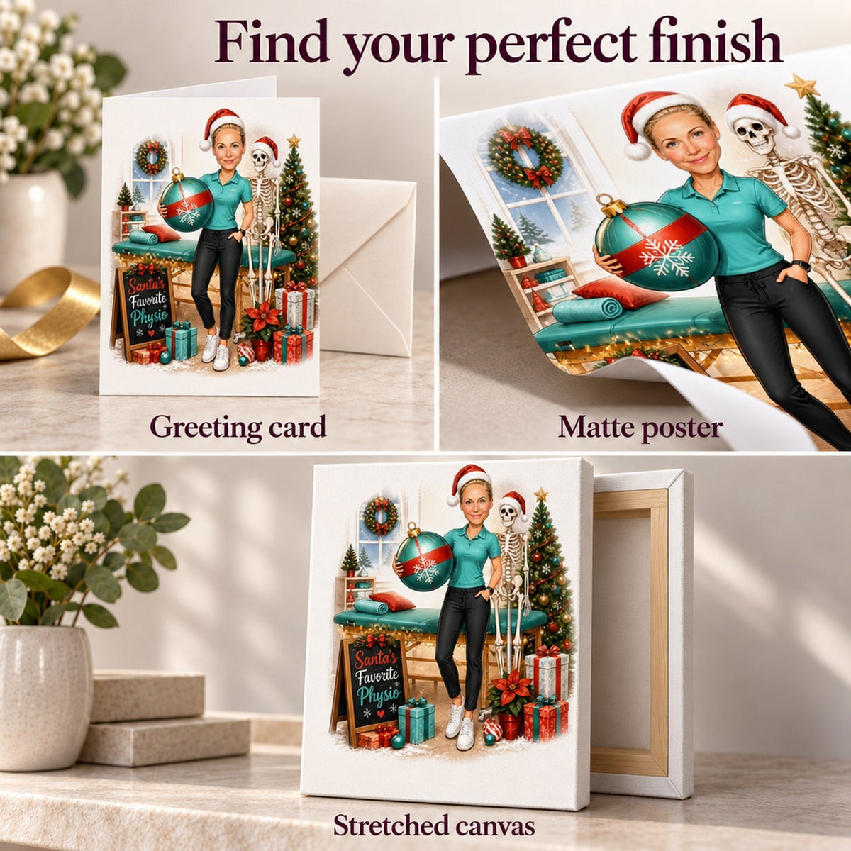 Closeup of card, matte poster, and stretched canvas options with vibrant Christmas clinic scene
