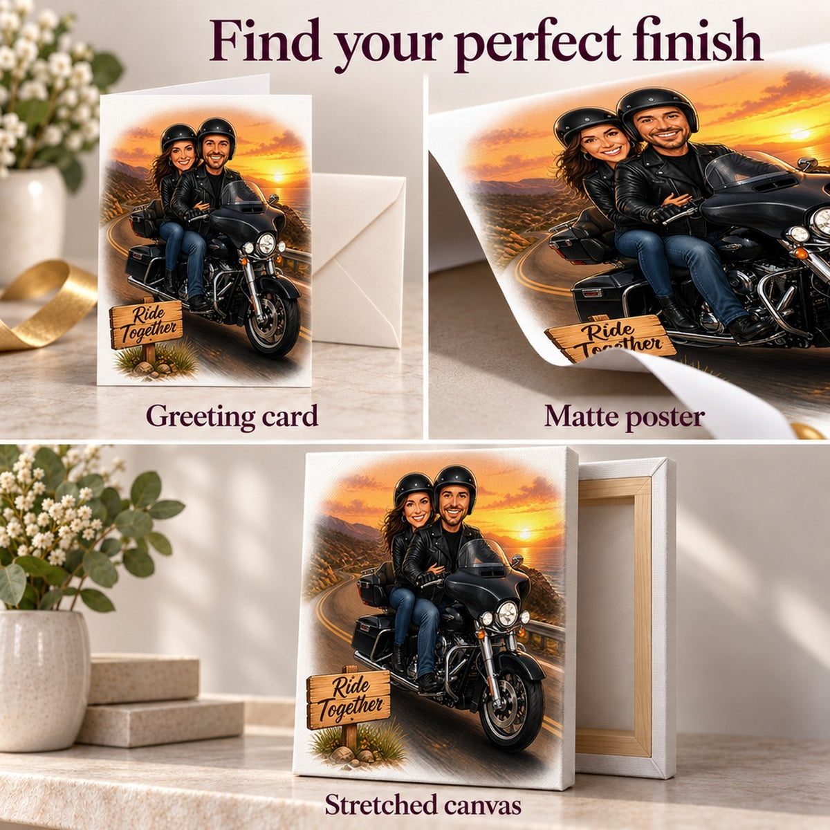 Closeup of card, matte poster, and stretched canvas finishes with vivid colors and detail.