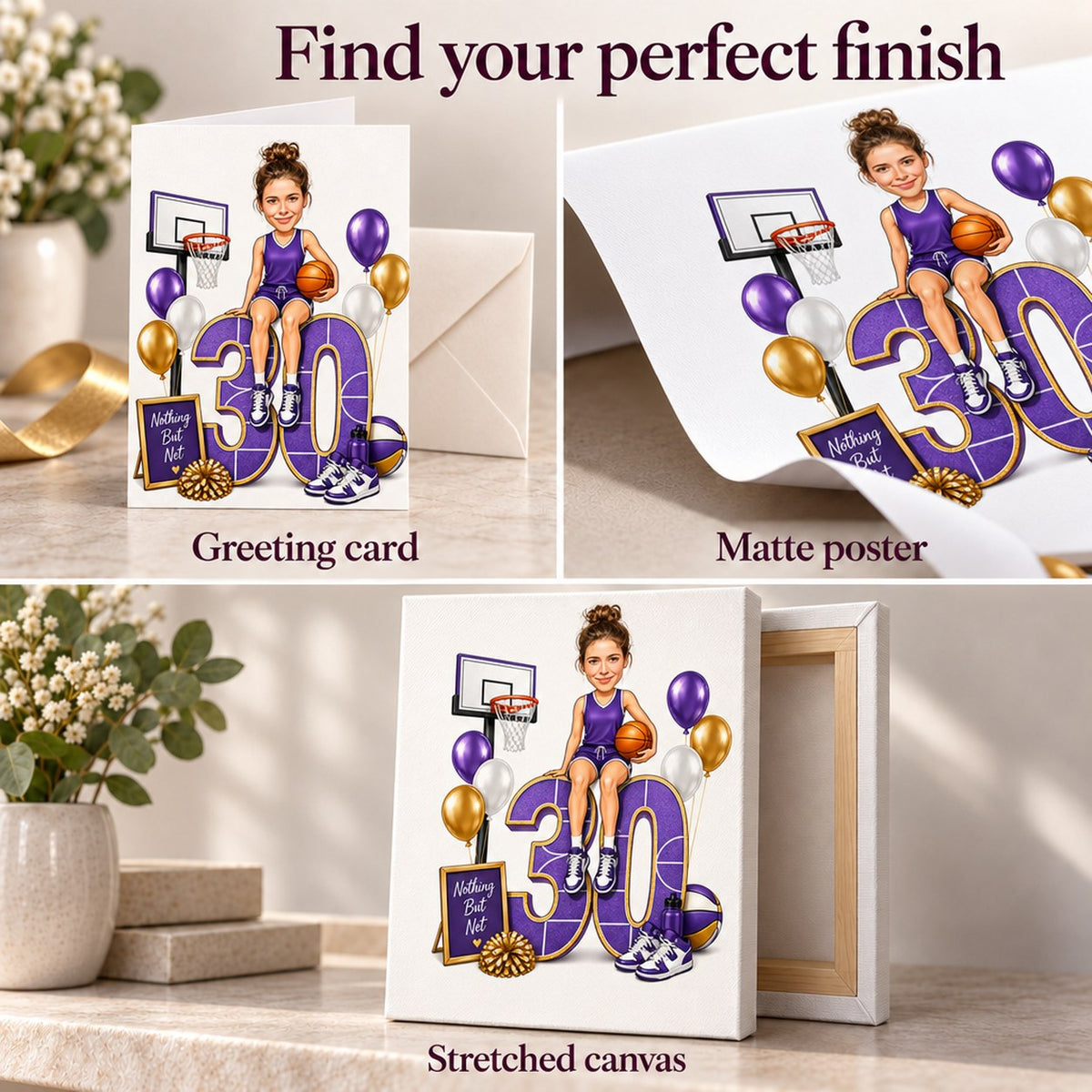 Greeting card, matte poster, and stretched canvas finishes showing vibrant purple court textures