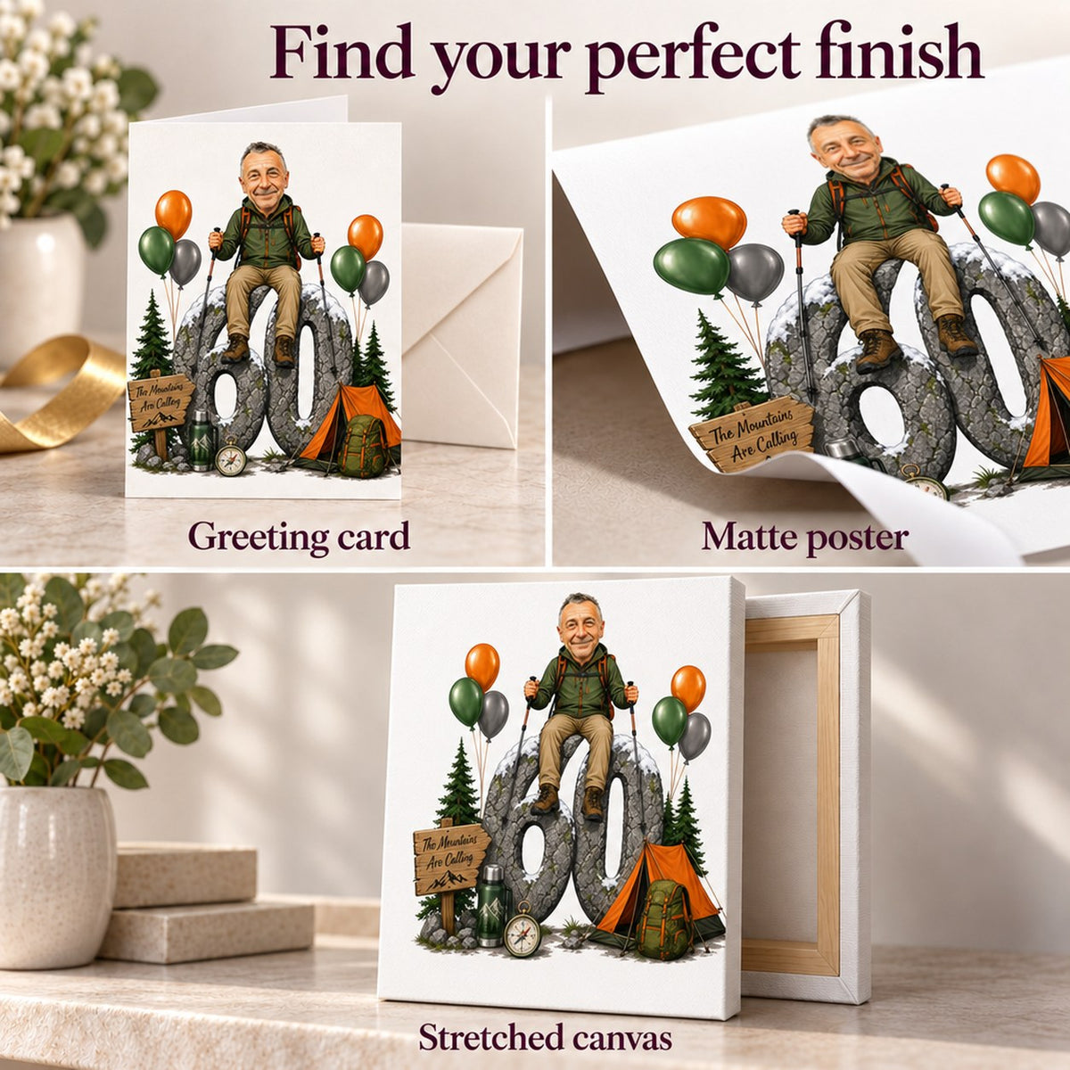 Close-up of card, matte poster, and stretched canvas textures for hiking caricature.