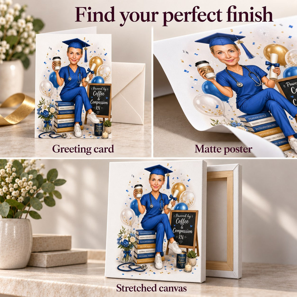 Matte poster, stretched canvas, and 5x7 greeting card finish options together.