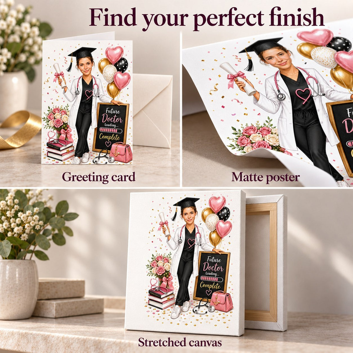 Closeups of greeting card, matte poster print, and stretched canvas ready to hang.