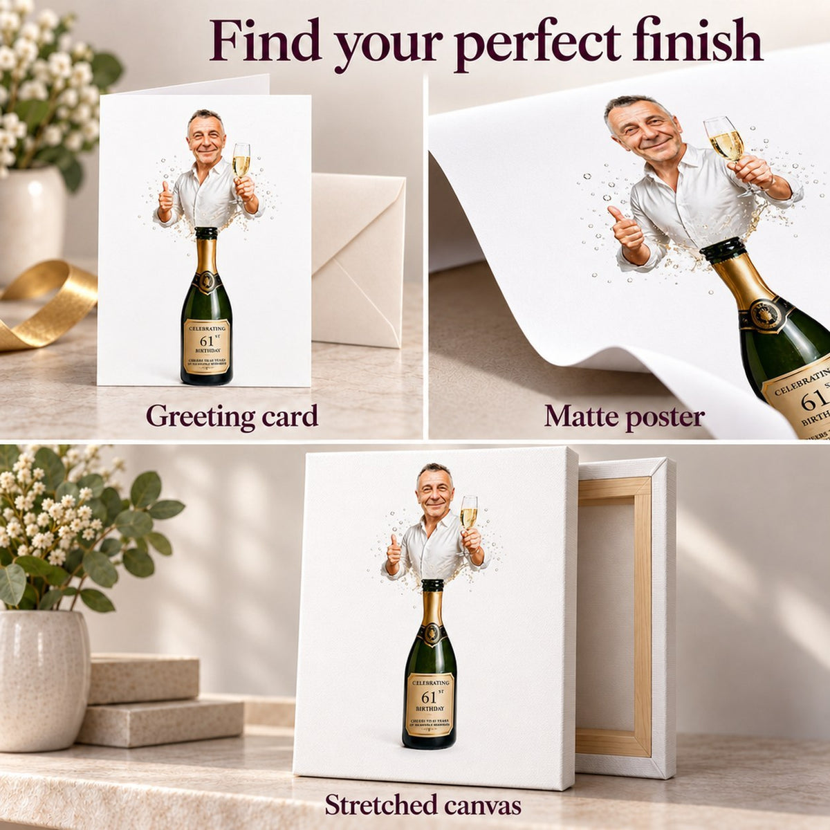 Closeups of matte poster texture, stretched canvas edge, and folded greeting card with envelope
