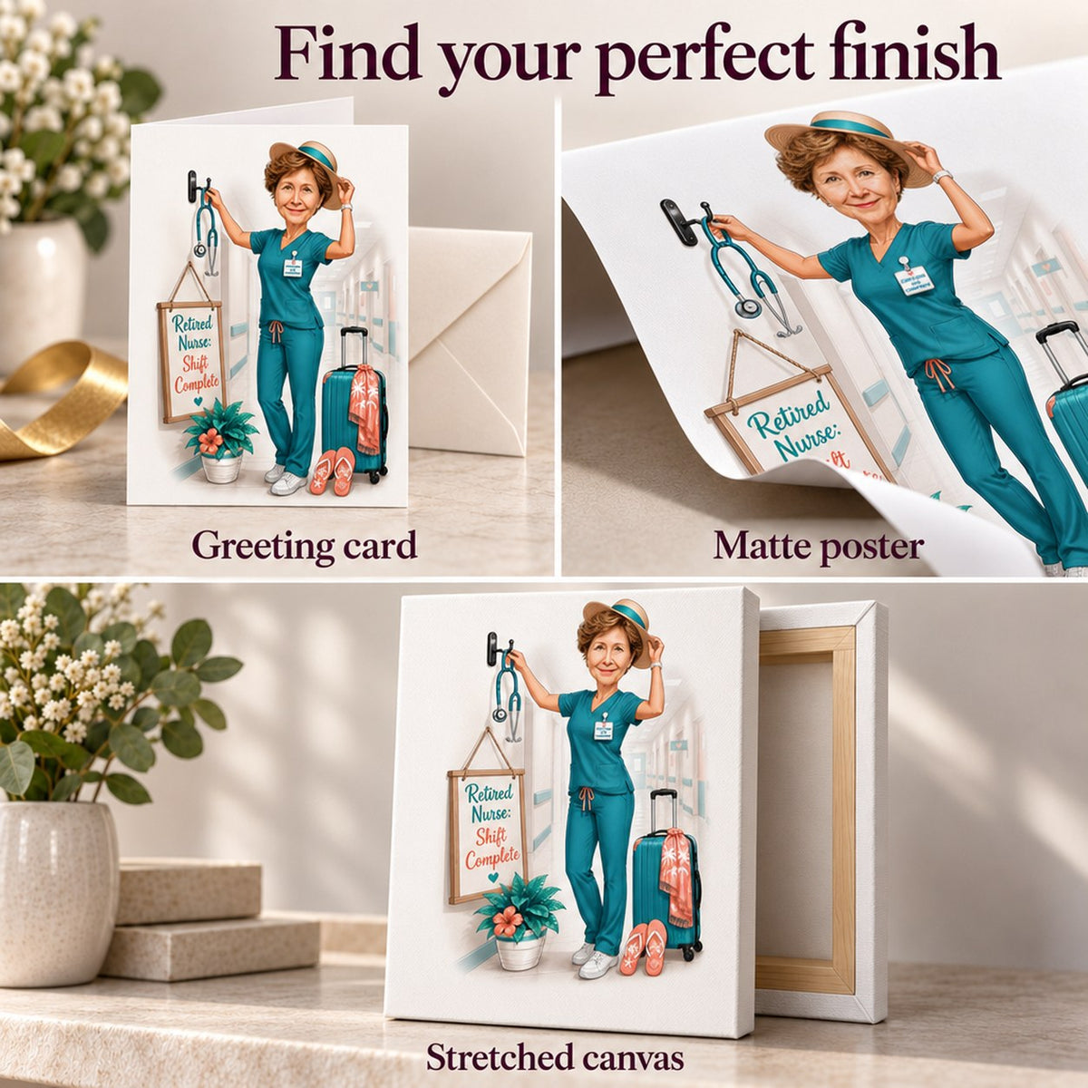 Matte poster texture, stretched canvas edges, and 5x7 card with matching envelope.
