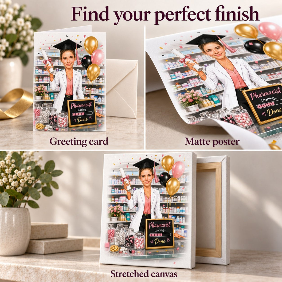 Closeup of greeting card, matte poster, and stretched canvas print showing vibrant pharmacy caricature.