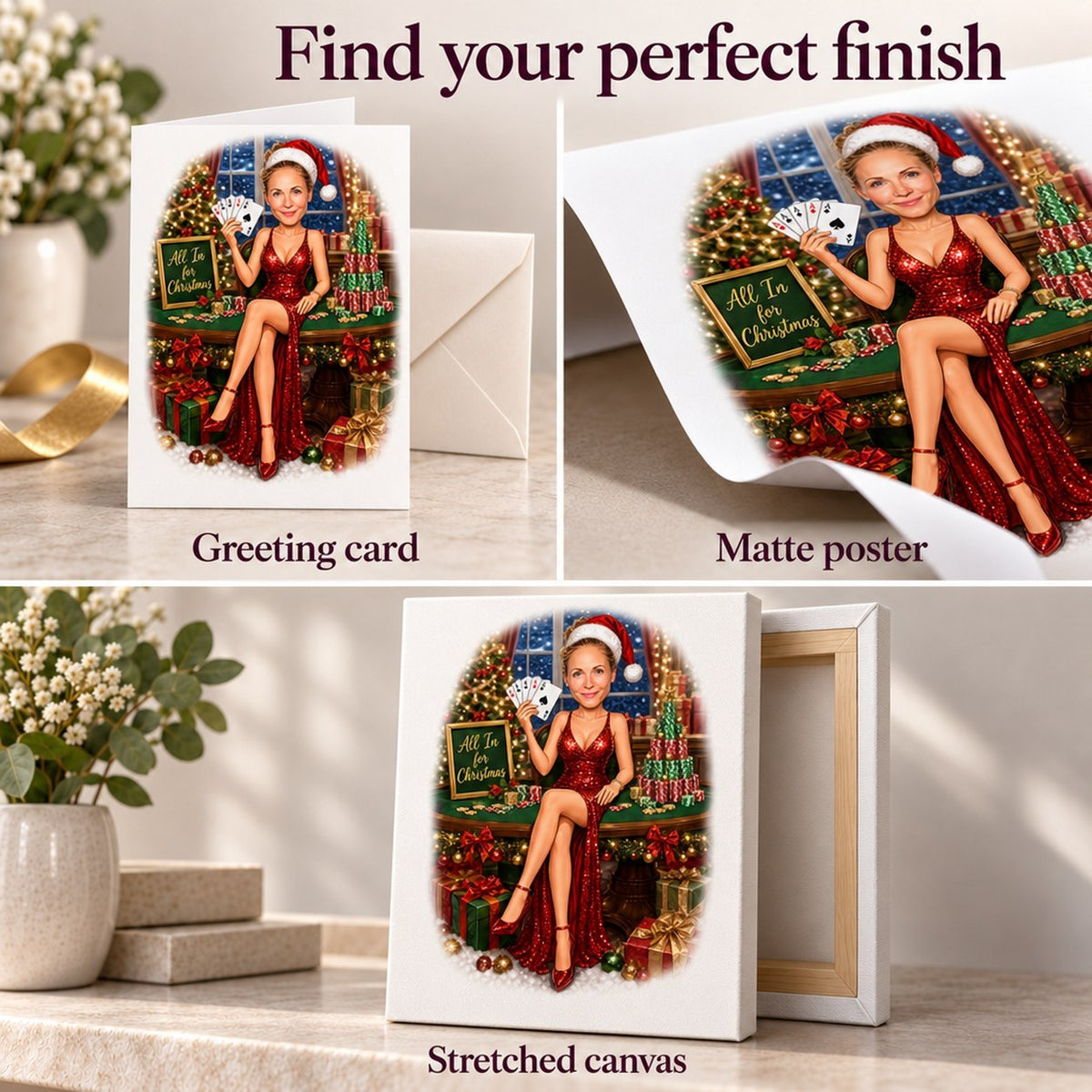 Matte poster, greeting card, and stretched canvas finishes for personalized Christmas poker art.