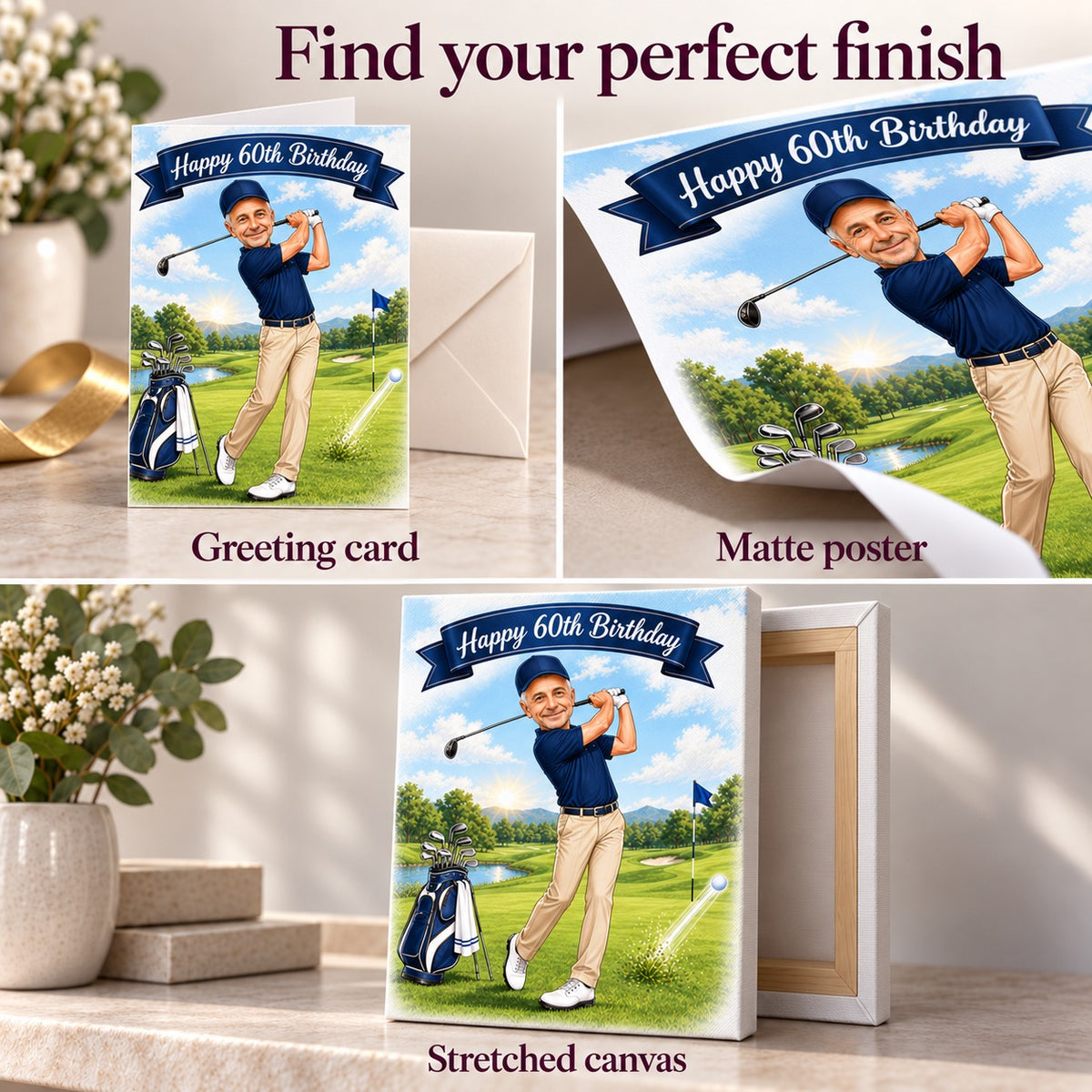 Detail views of matte poster, stretched canvas, and folded card finishes for golf caricature.