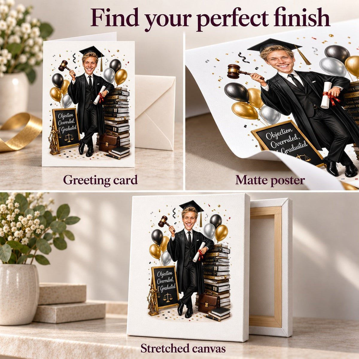 Greeting card, matte poster, and stretched canvas finishes for the law graduation caricature