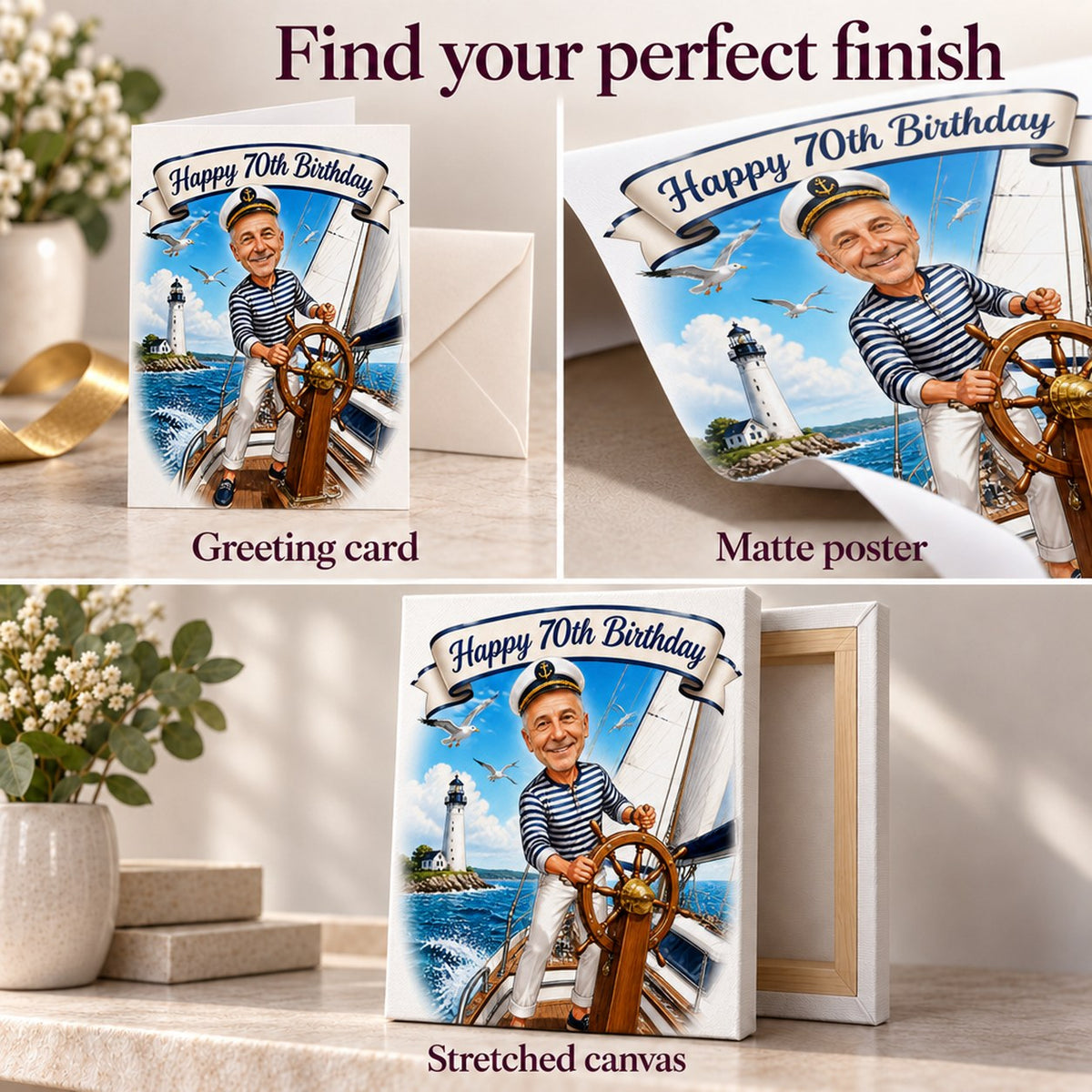 Matte poster, 5x7 greeting card with envelope, and ready-to-hang stretched canvas.
