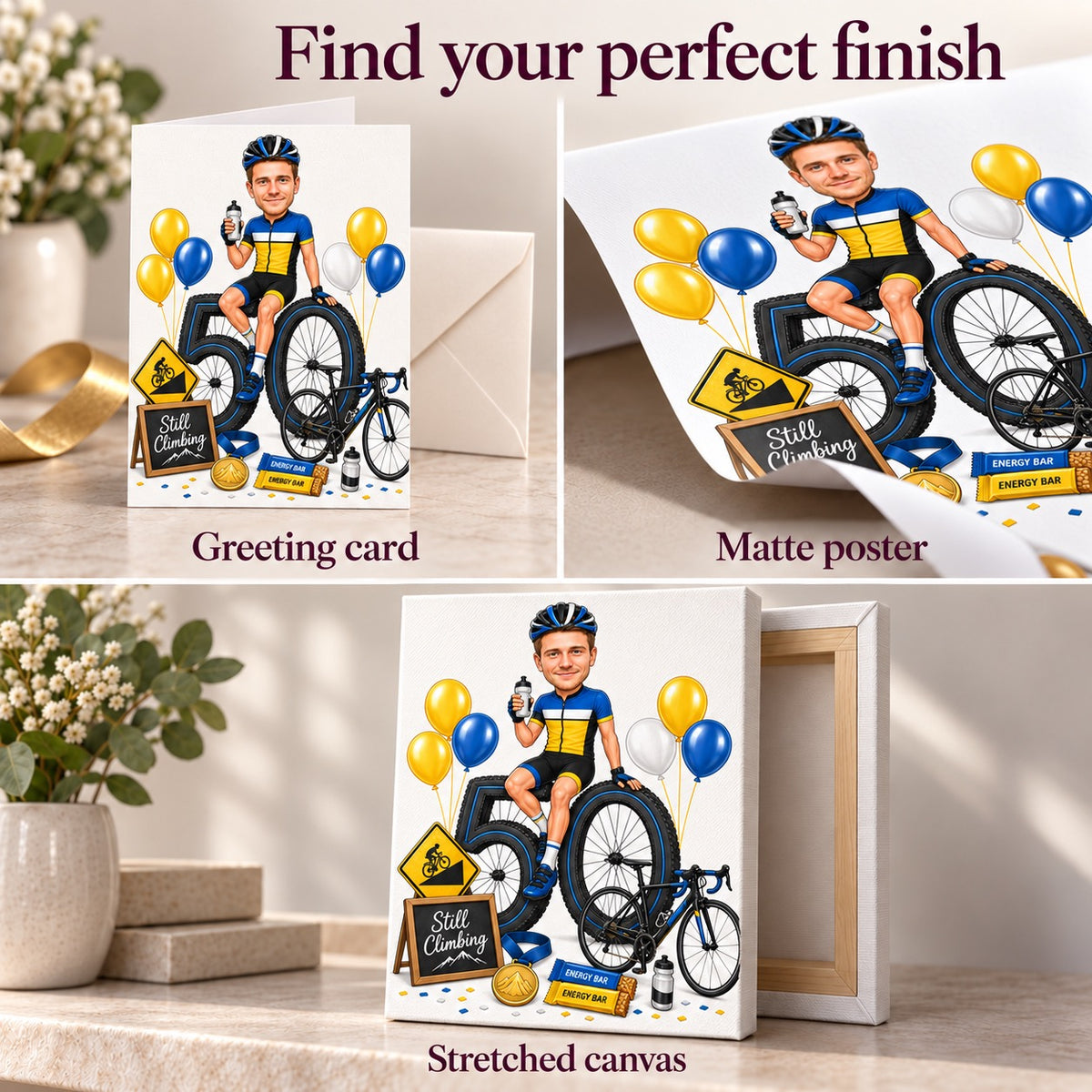 Matte poster, stretched canvas, and 5x7 greeting card finishes for cycling caricature.