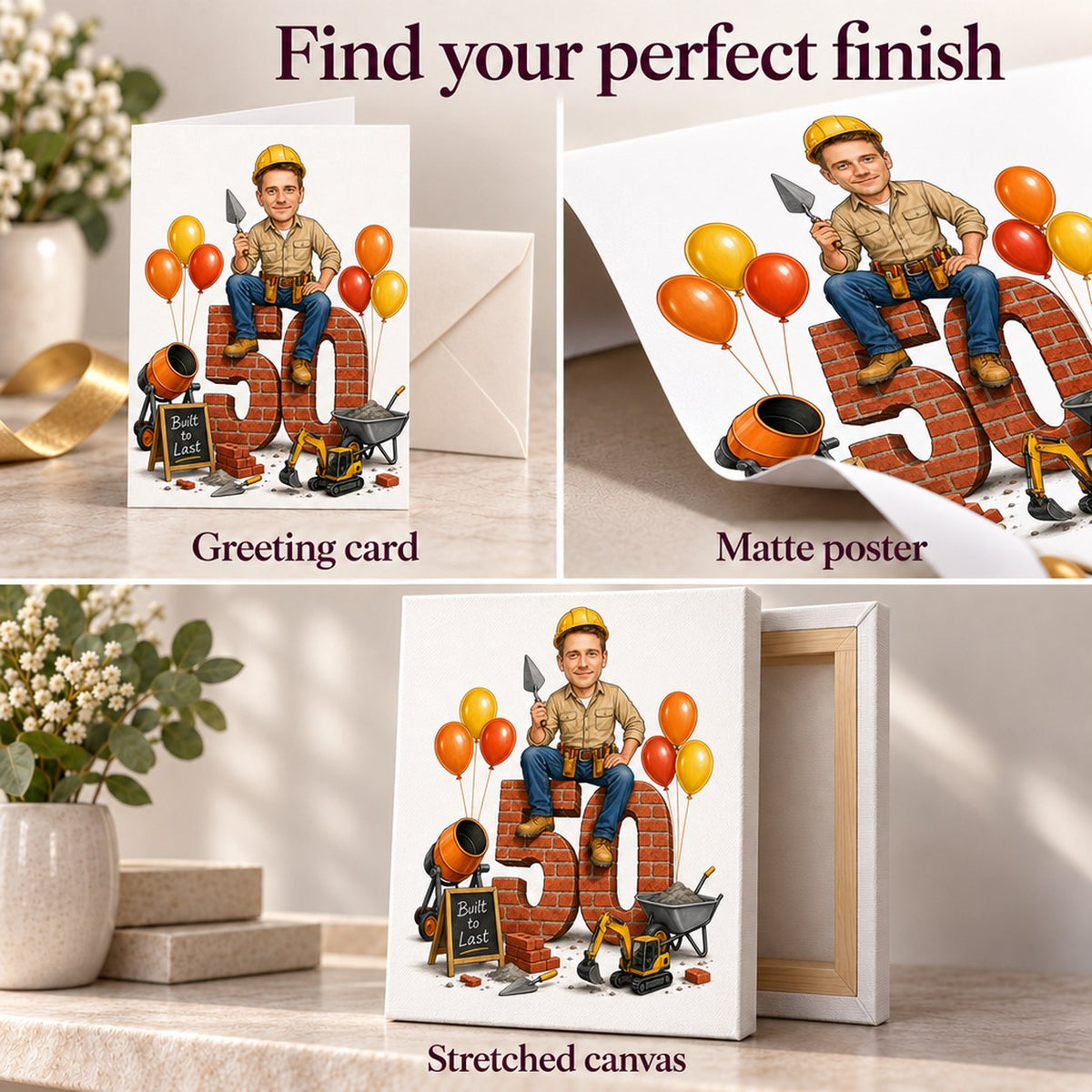 Matte poster, greeting card with envelope, and stretched canvas finish closeups.