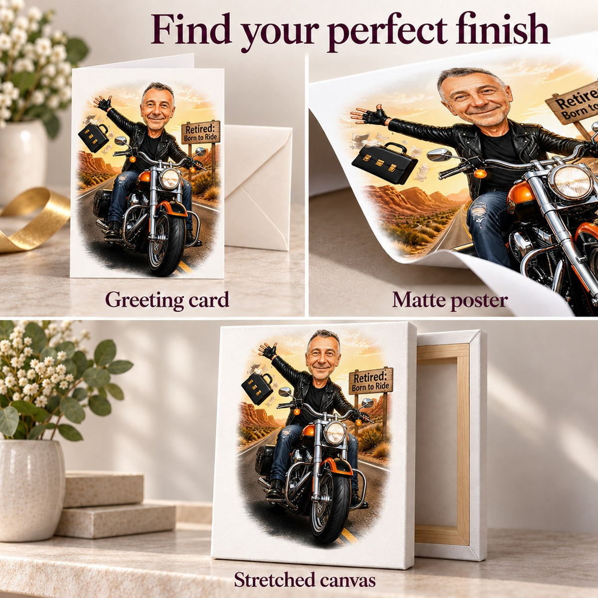 Closeups of matte poster, stretched canvas, and 5x7 greeting card finishes.