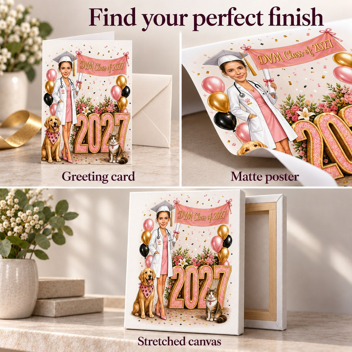 Greeting card with envelope, matte poster unframed, and ready-to-hang stretched canvas finish options.