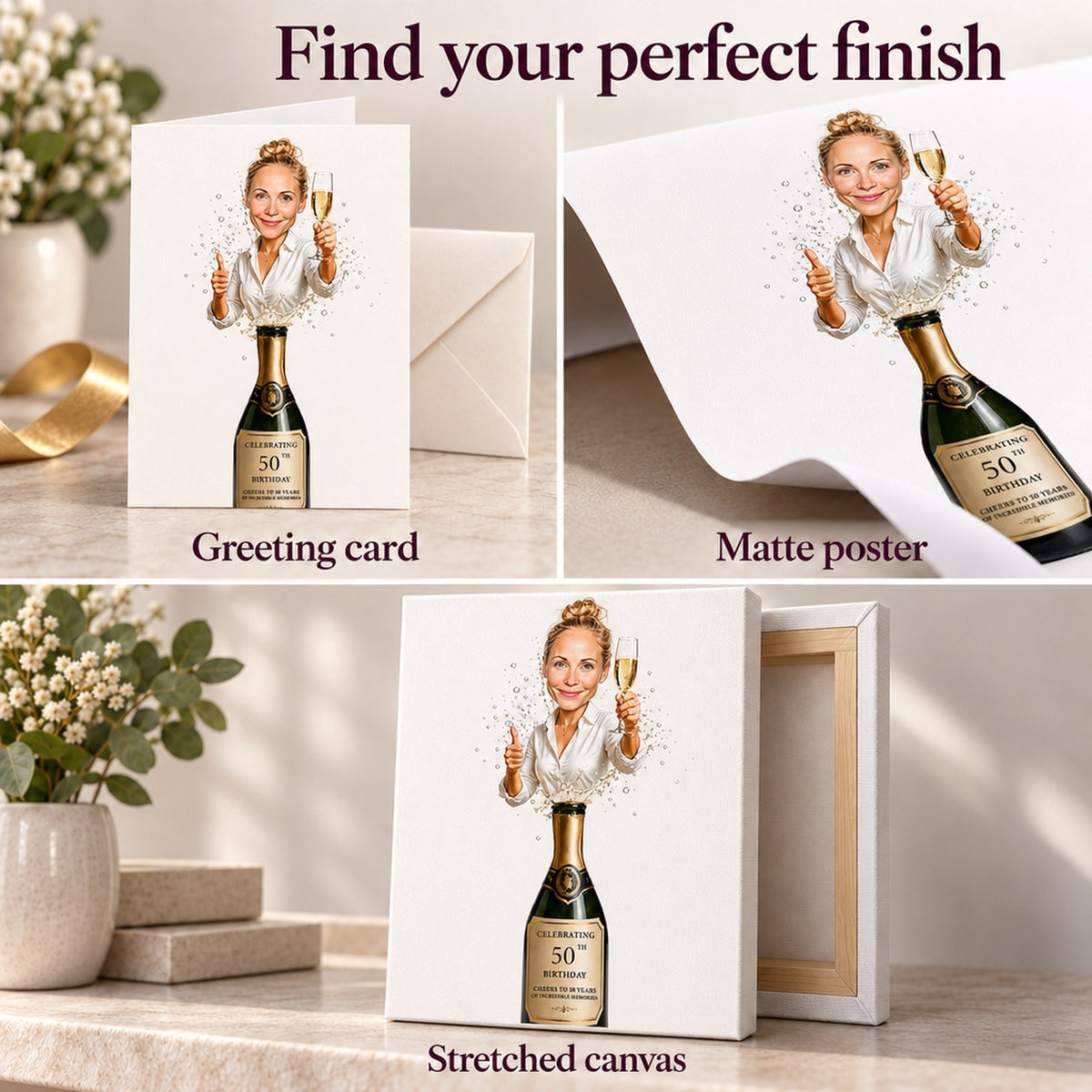 Greeting card, matte poster, and stretched canvas finishes for champagne birthday caricature