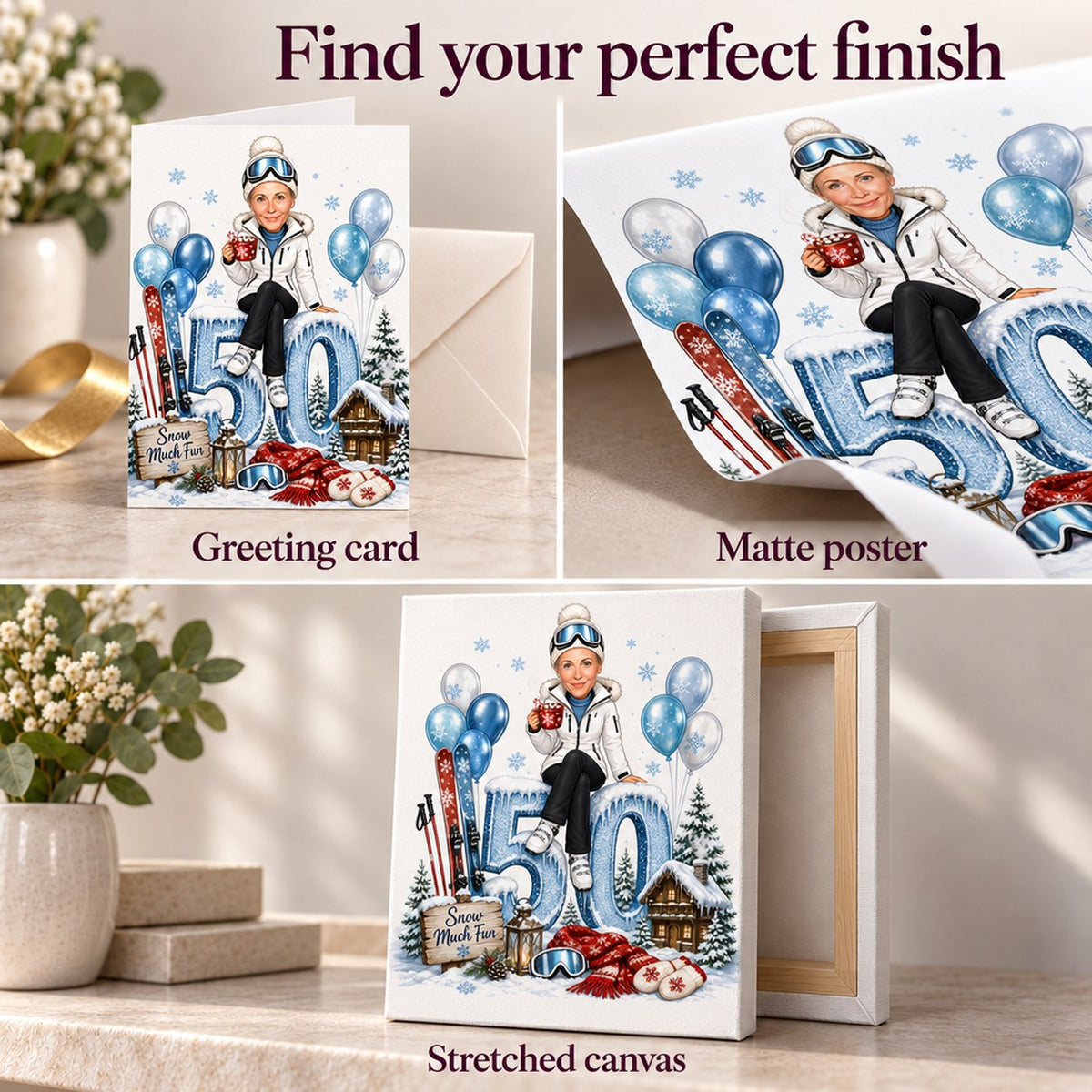 Closeups of matte poster, stretched canvas, and folded greeting card finishes.