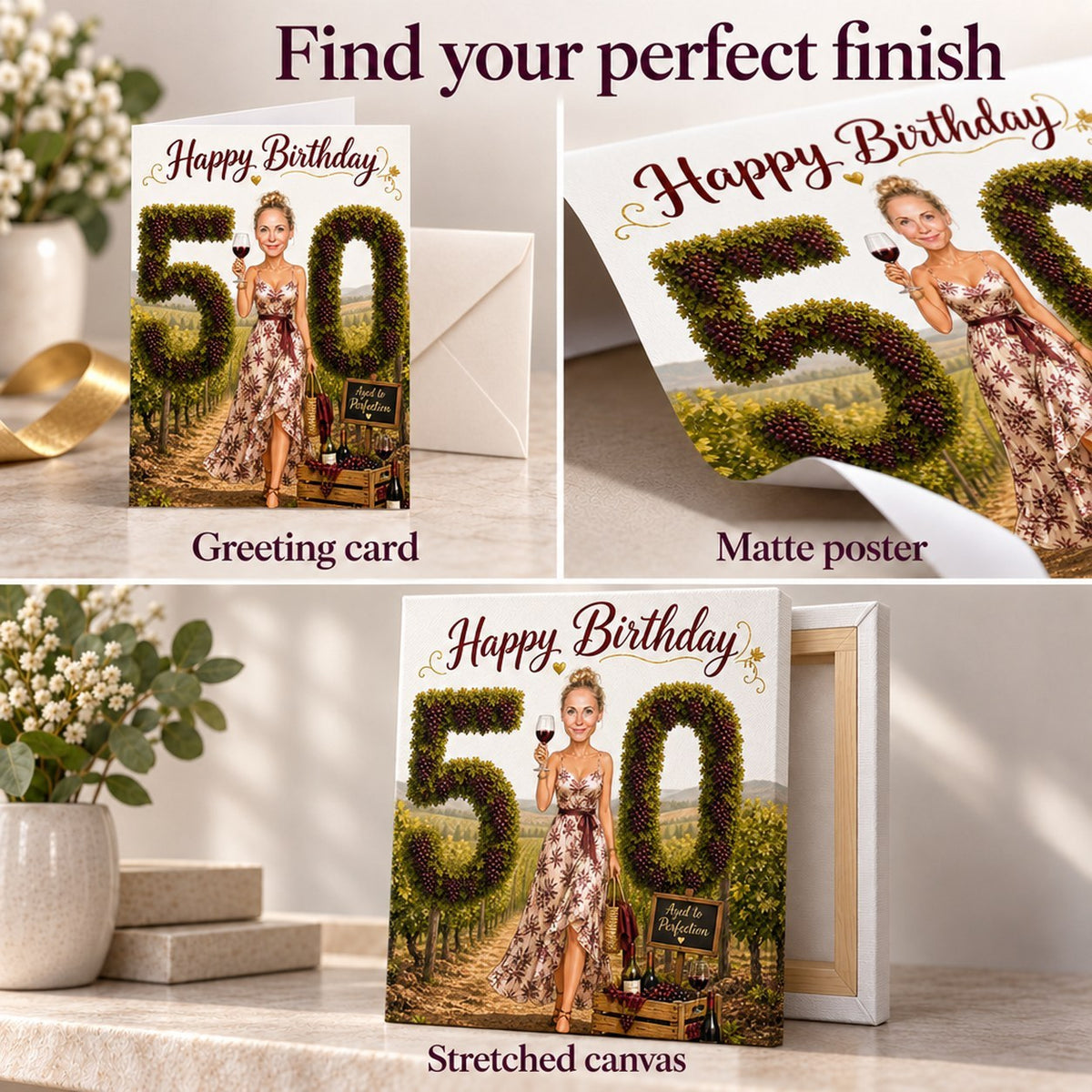 Close-ups of card, matte poster, and stretched canvas textures and edges.