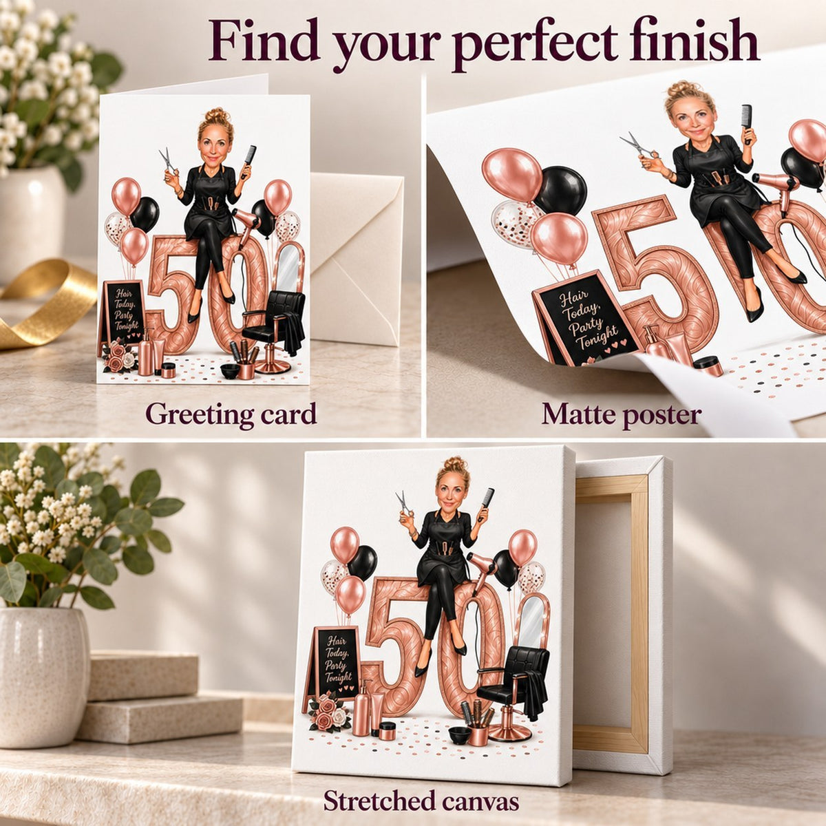 Greeting card, matte poster, and stretched canvas finishes shown for the hairstylist design.