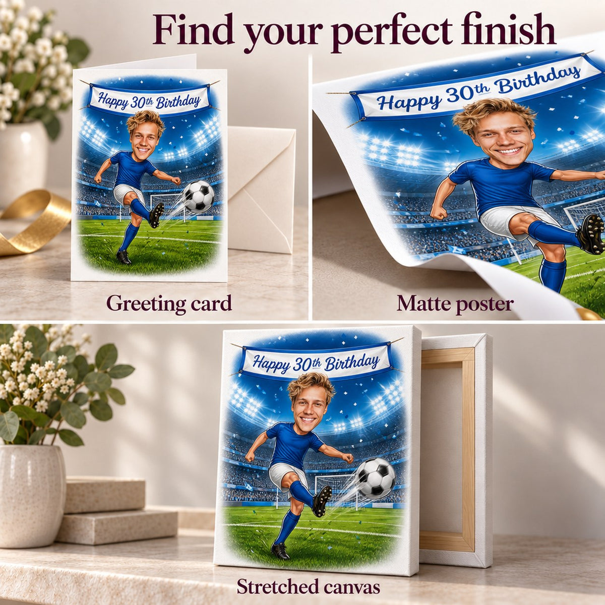 Greeting card, matte poster, and stretched canvas print finish options.