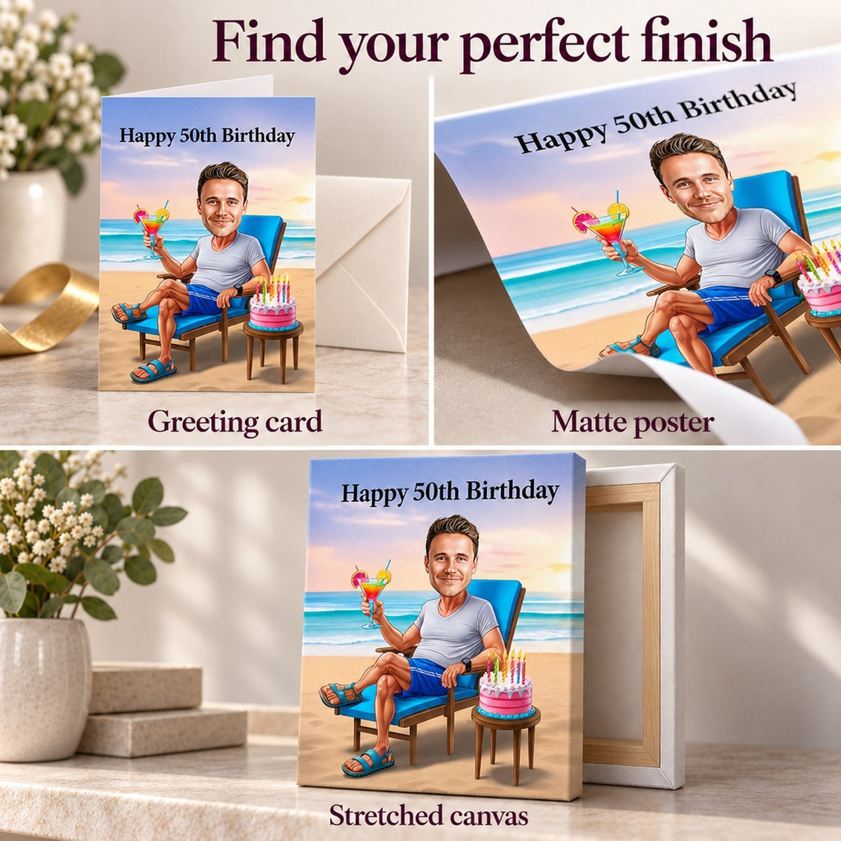 Matte poster, stretched canvas, and 5x7 greeting card finishes shown side by side.