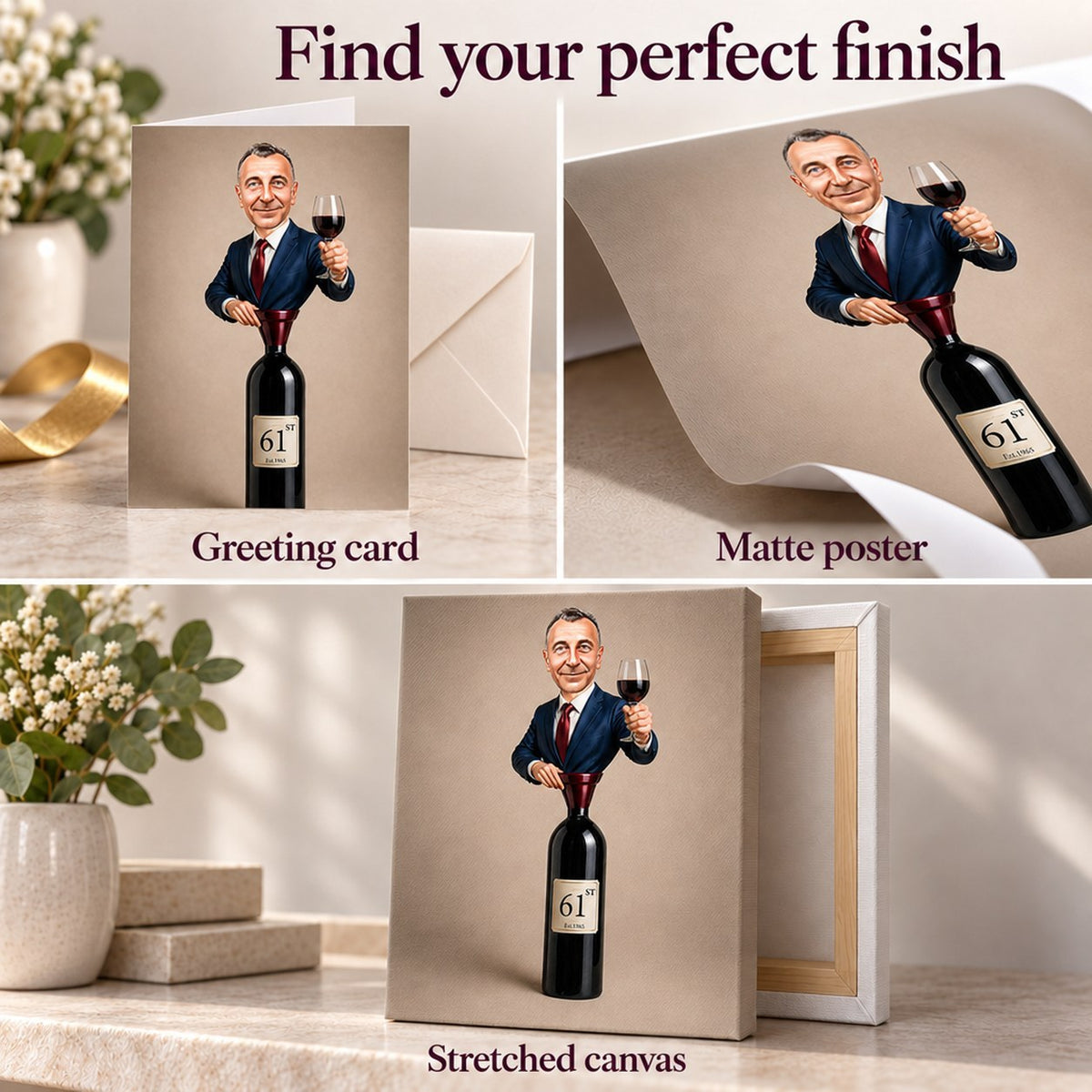 Matte poster surface, premium card print, and gallery-wrapped canvas edges close-up.