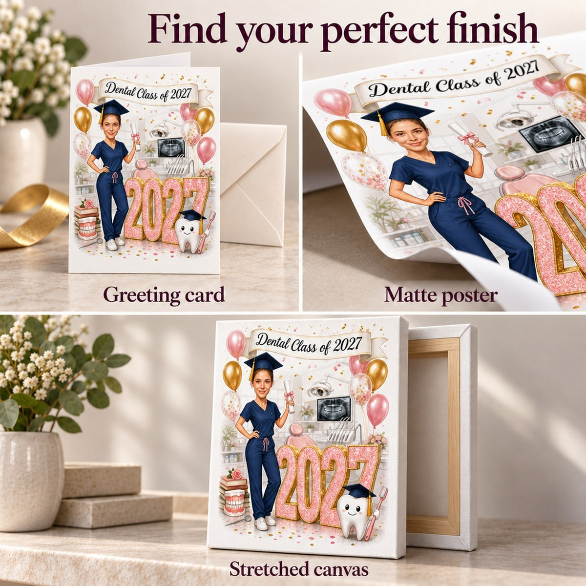 Matte poster, stretched canvas, and 5x7 greeting card with envelope shown together.