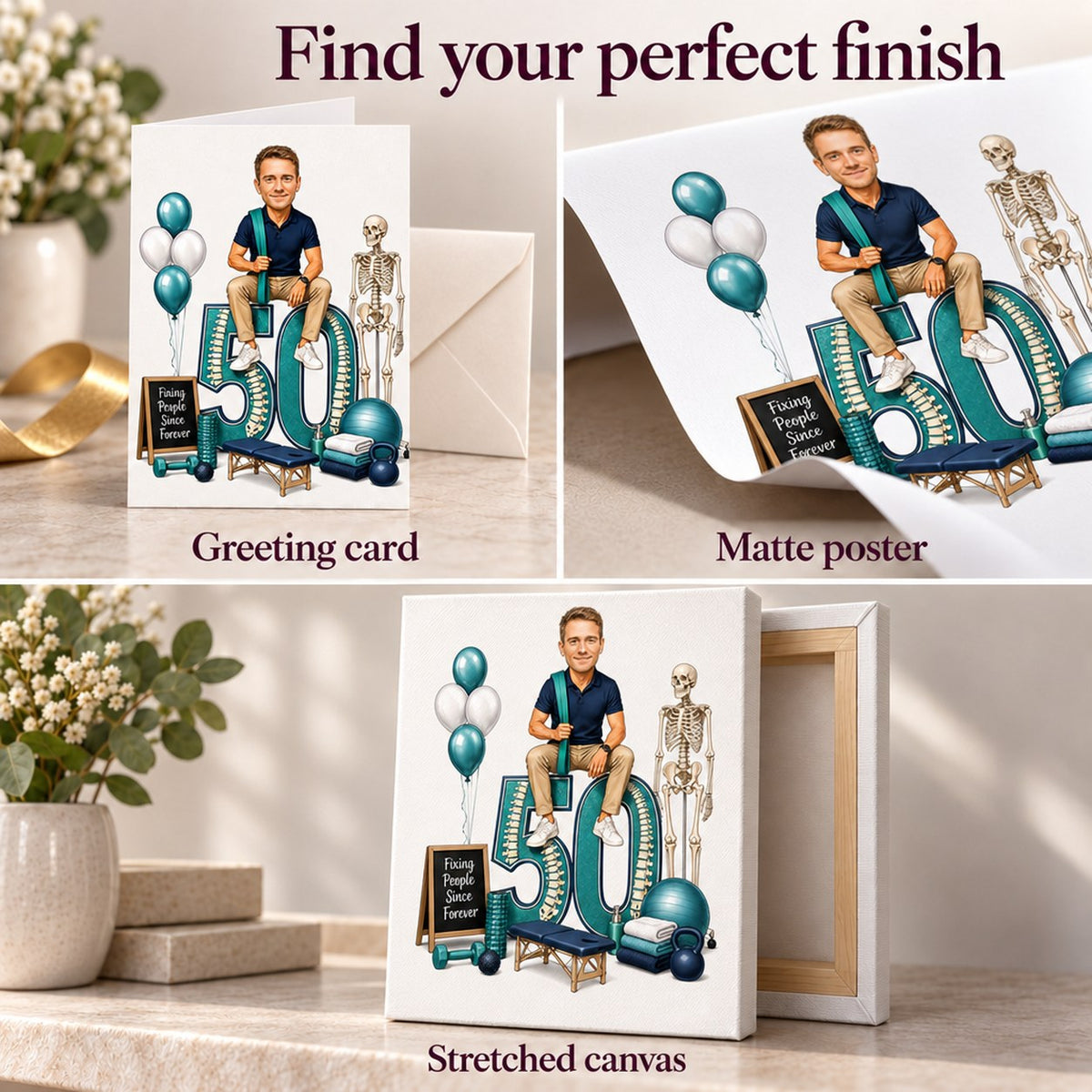 Matte poster, stretched canvas, and 5x7 greeting card with envelope plus digital download.