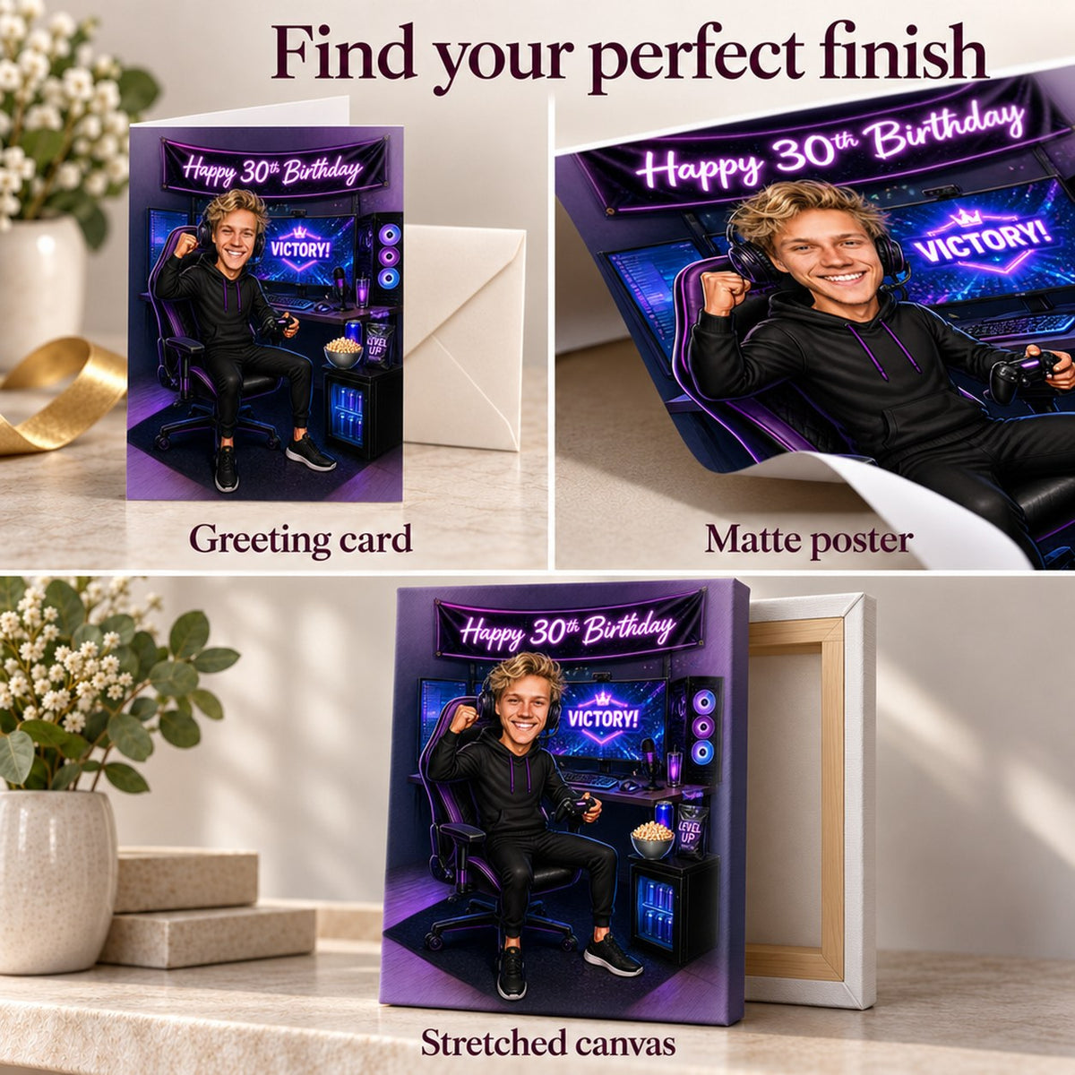 Closeups of greeting card, matte poster, and stretched canvas gamer design textures and edges