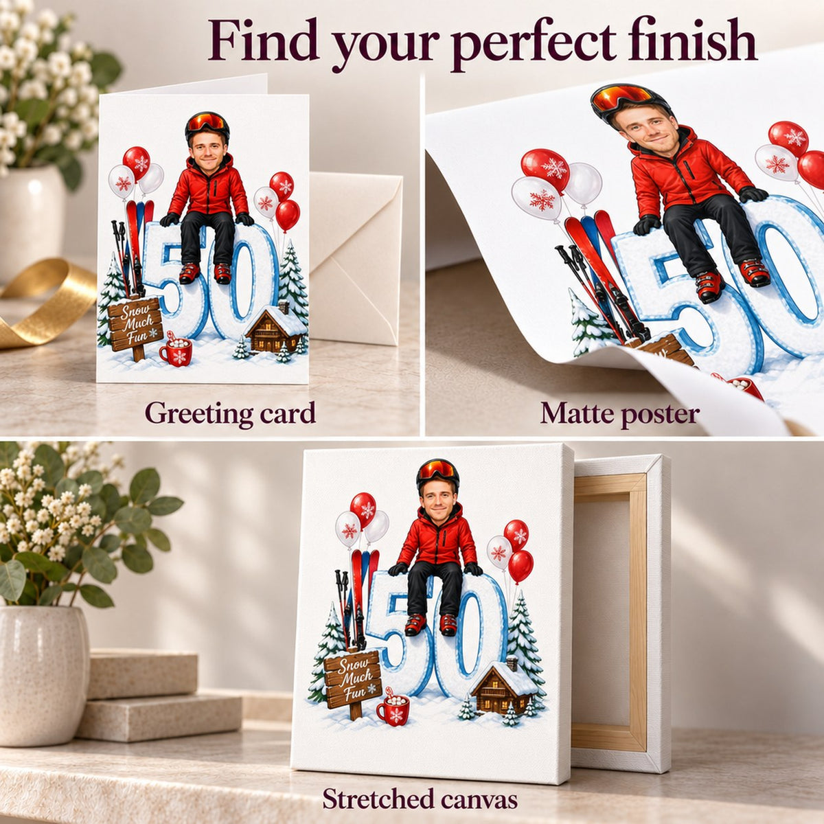 Closeups of matte poster, greeting card with envelope, and ready-to-hang stretched canvas