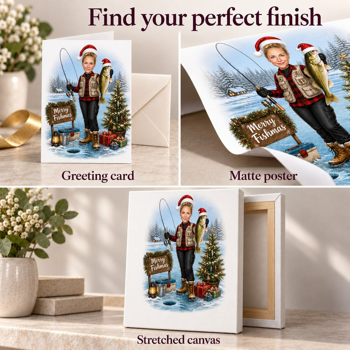 Matte poster, stretched canvas, and folded greeting card finish options for artwork.
