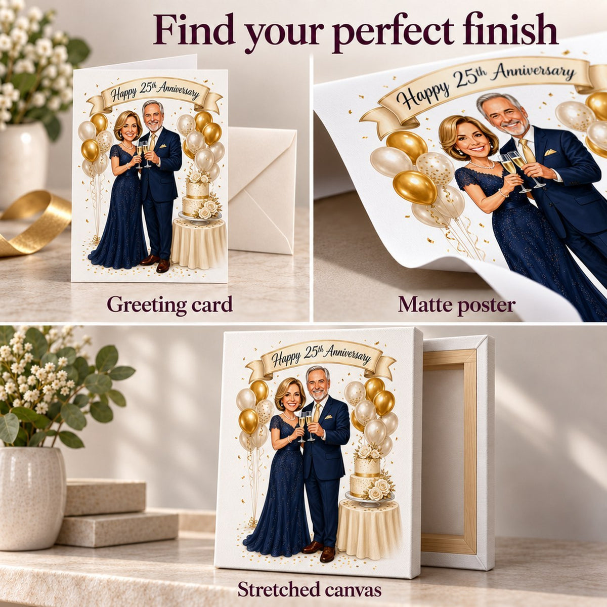 Closeups of greeting card, matte poster surface, and stretched canvas edges and texture.