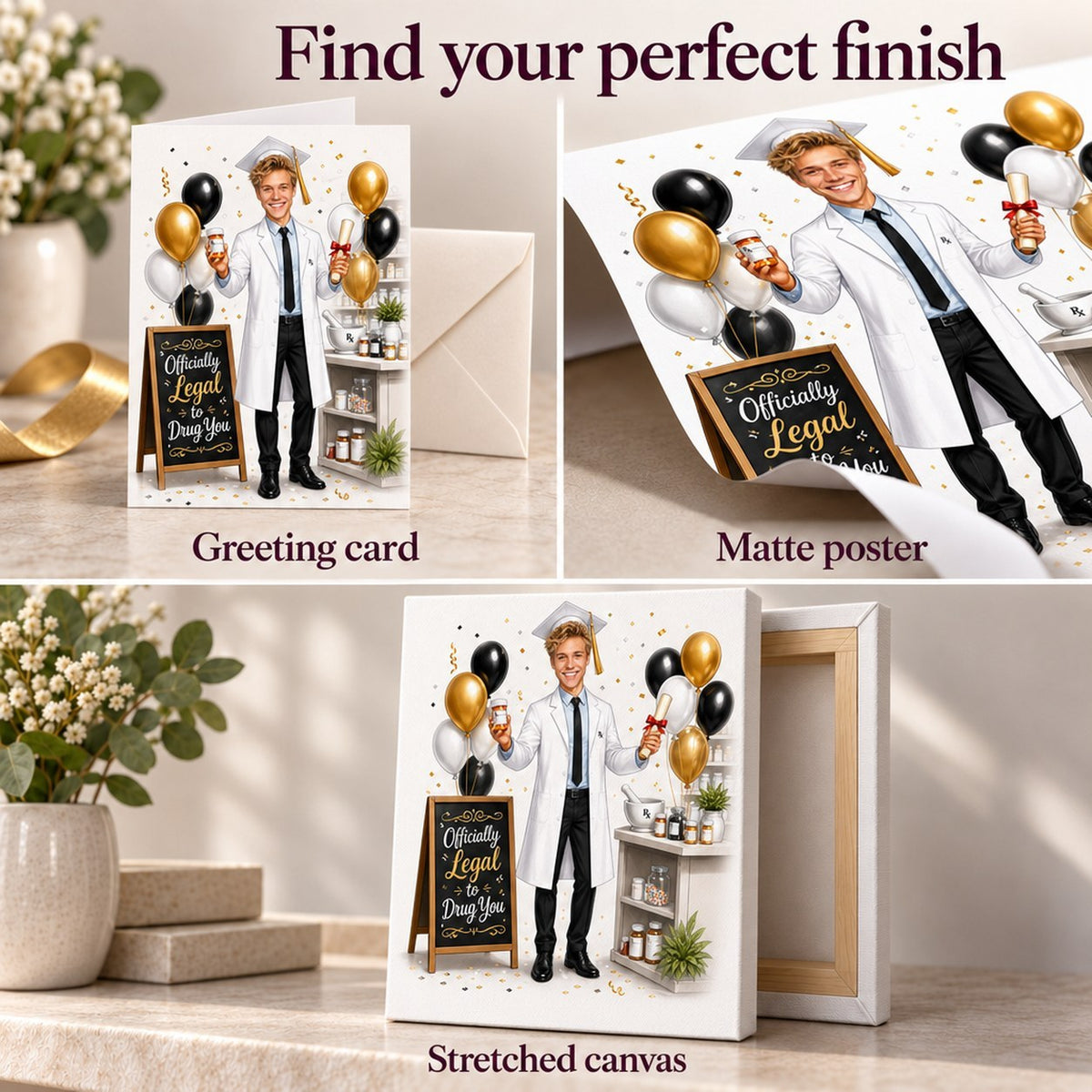 Closeups of greeting card, matte poster, and stretched canvas finishes for the caricature.