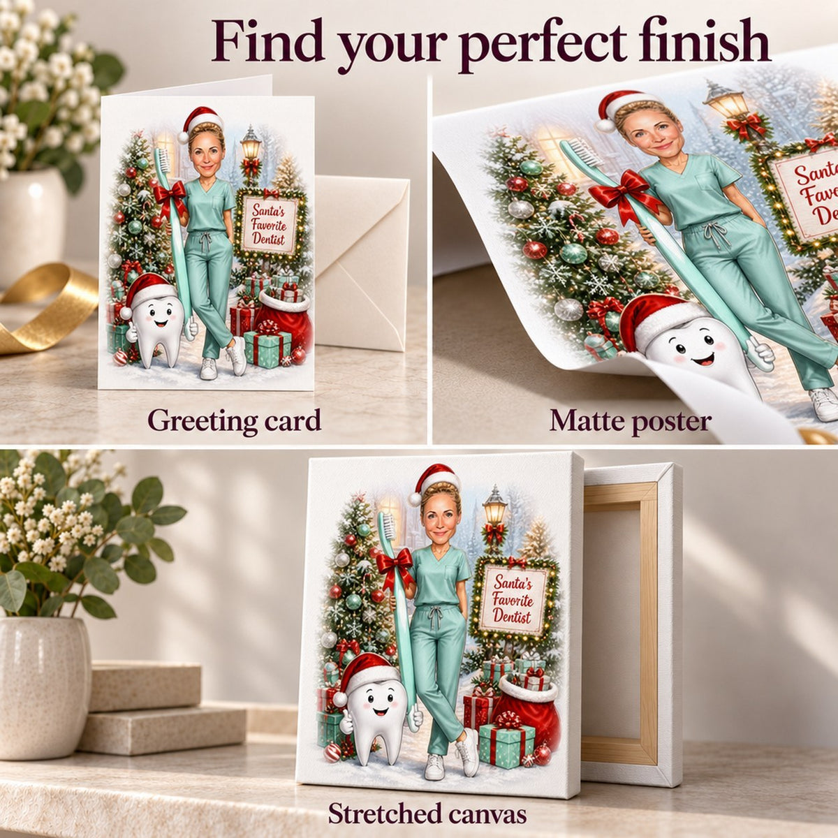 Choose greeting card, matte poster, or stretched canvas with festive holiday artwork.